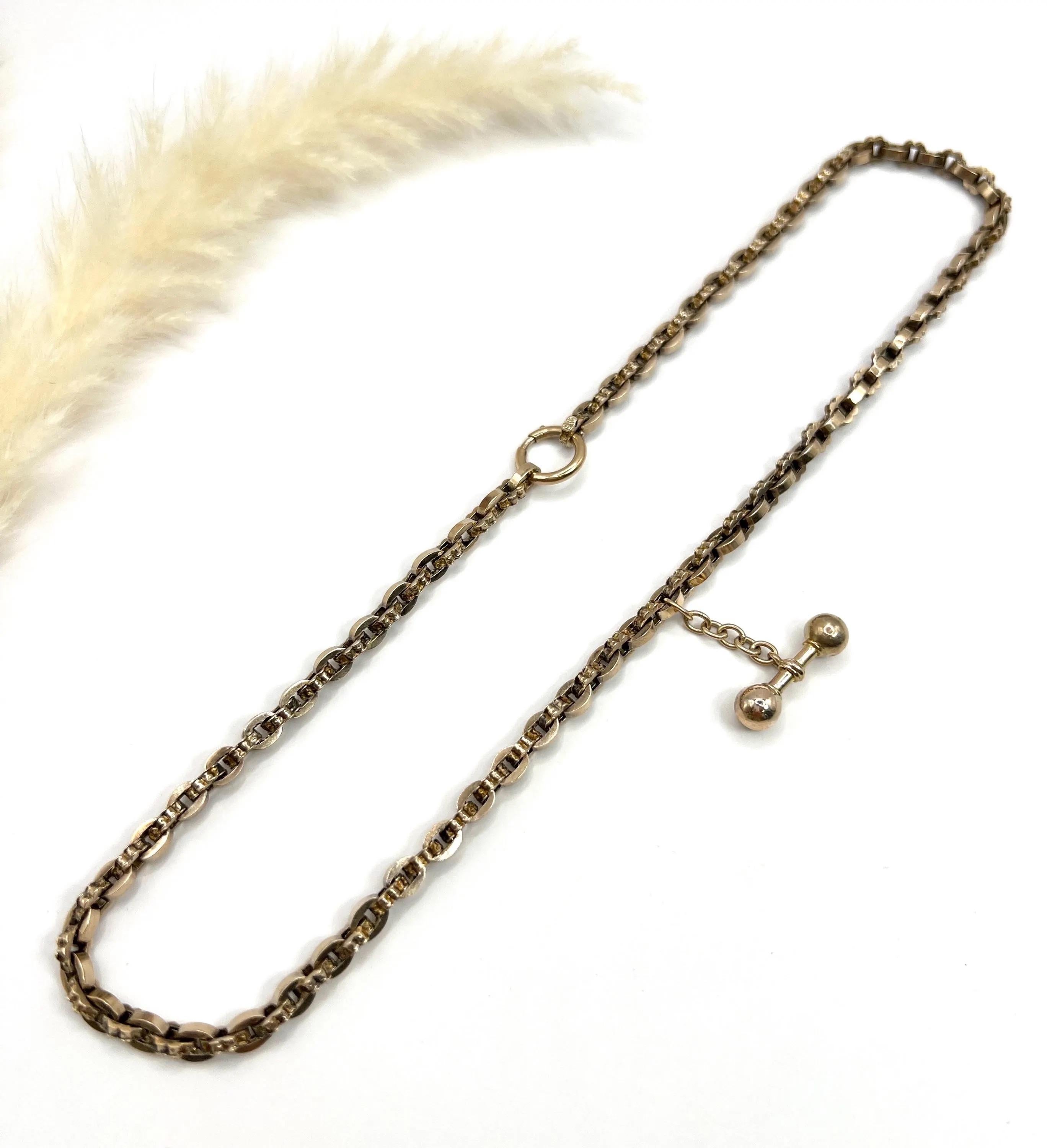 Antique 9ct Rose Gold Victorian 17 3/4 Inch Fancy Rolo Link T-bar Chain Necklace en vente 3