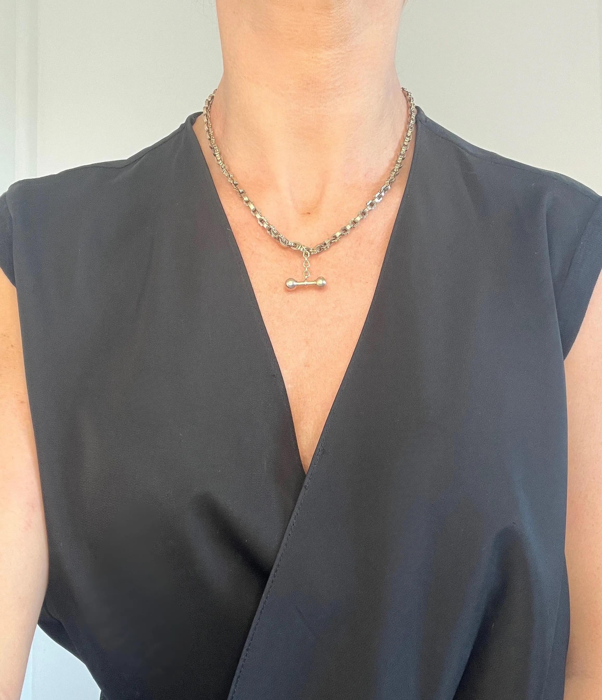 Antique 9ct Rose Gold Victorian 17 3/4 Inch Fancy Rolo Link T-bar Chain Necklace en vente 4