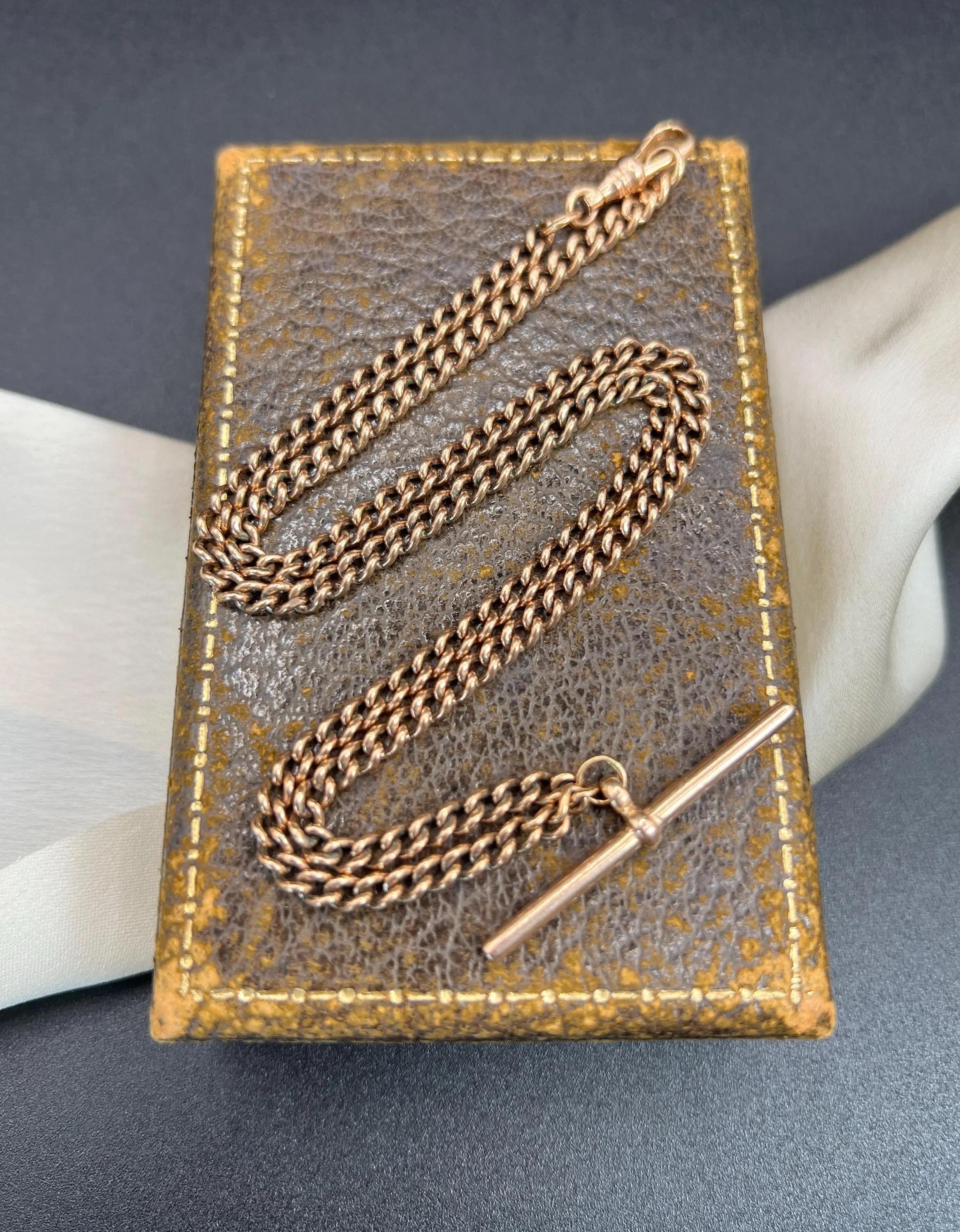 Chaîne Albert victorienne en or rose 9 carats avec barre en T de 18 1/4 pouces 1