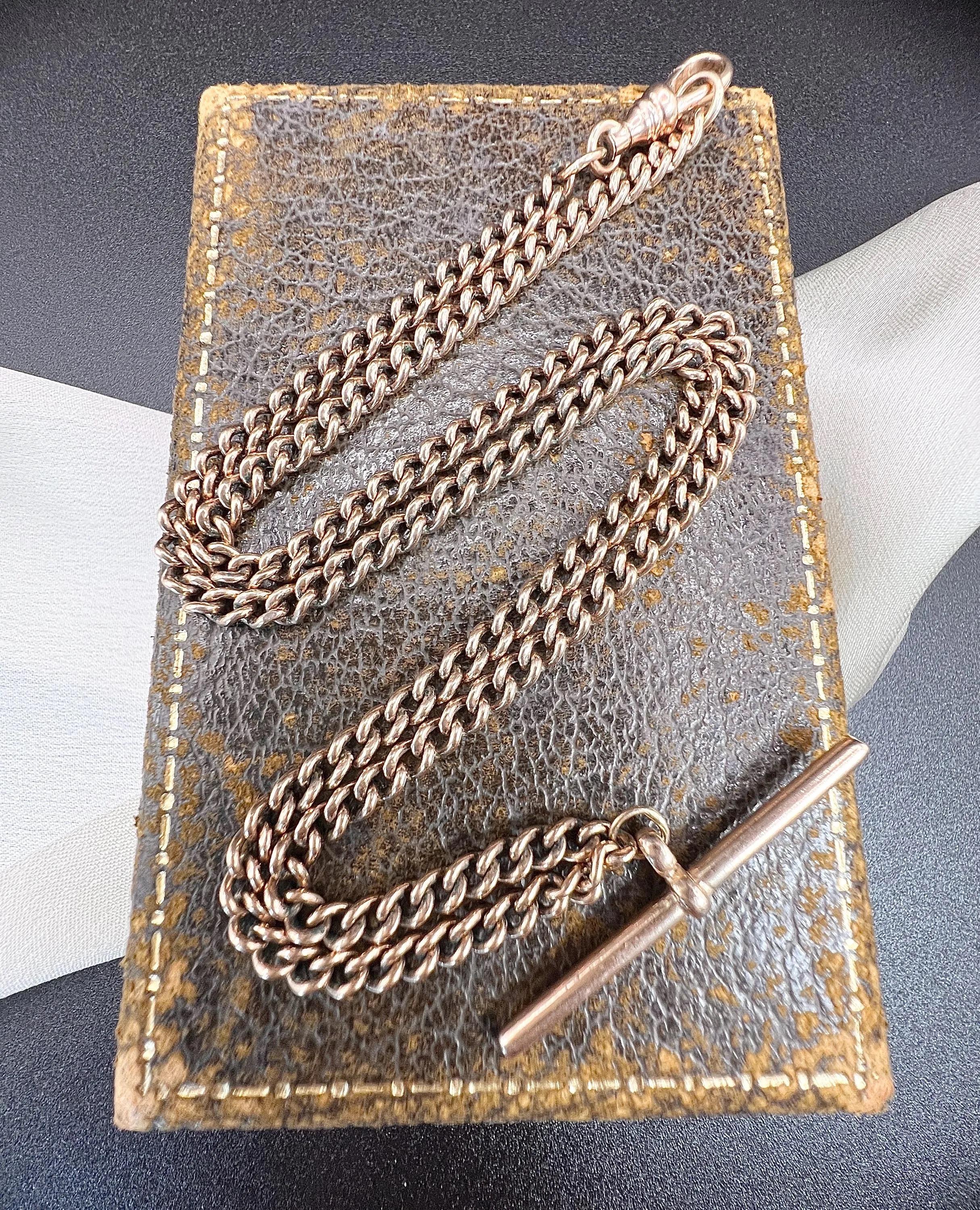 Chaîne Albert victorienne en or rose 9 carats avec barre en T de 18 1/4 pouces 2