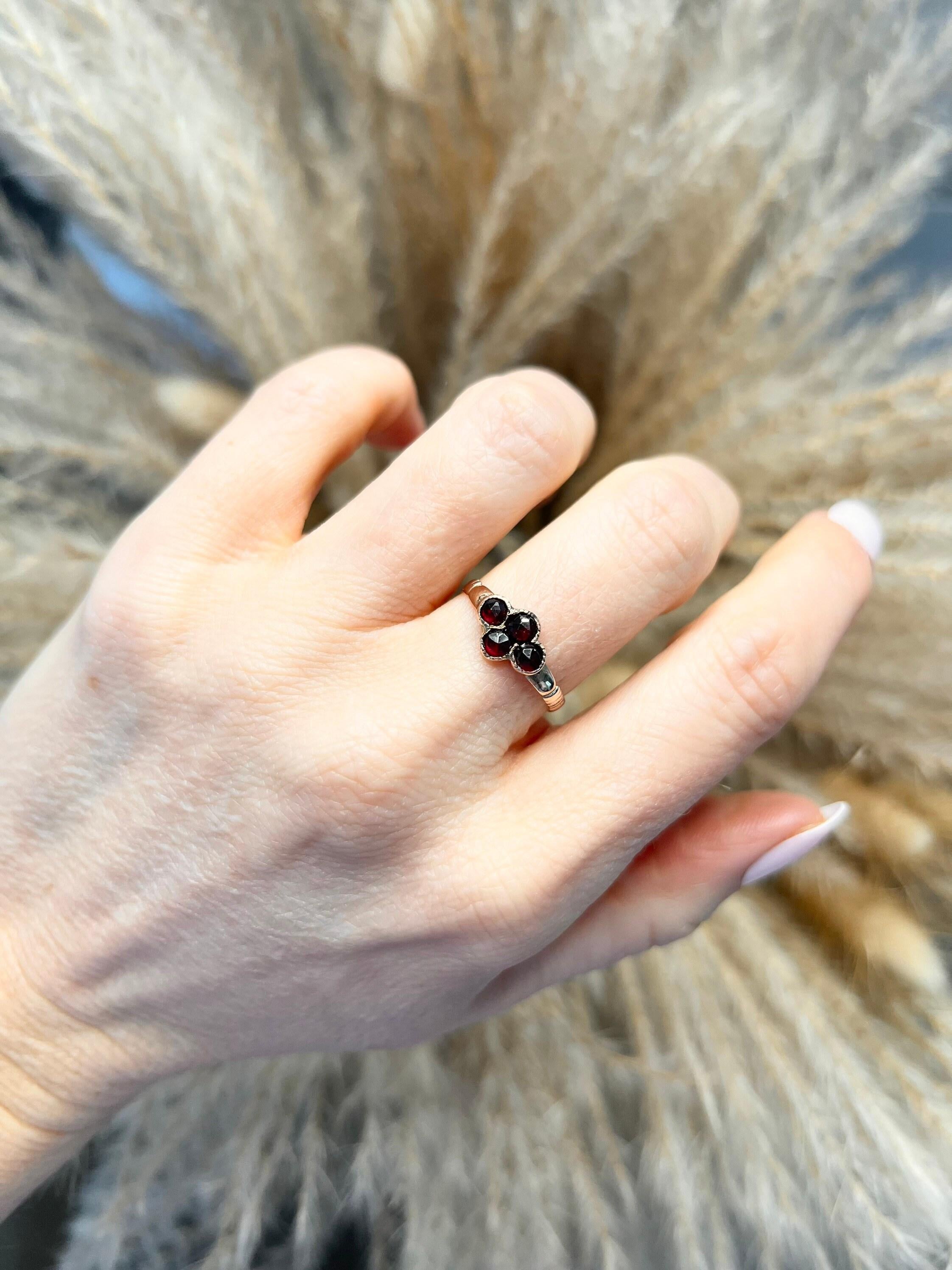 Antique Bohemian Garnet Ring 

9ct Rose Gold Tested 

Circa 1890

Beautiful, Four Stone Victorian Ring. Set with Faceted Bohemian Garnet 

Face of The Ring Measures Approx Height 7.3mm & Width 10.3mm

UK Size N 1/2

US Size 6 3/4

Can be resized