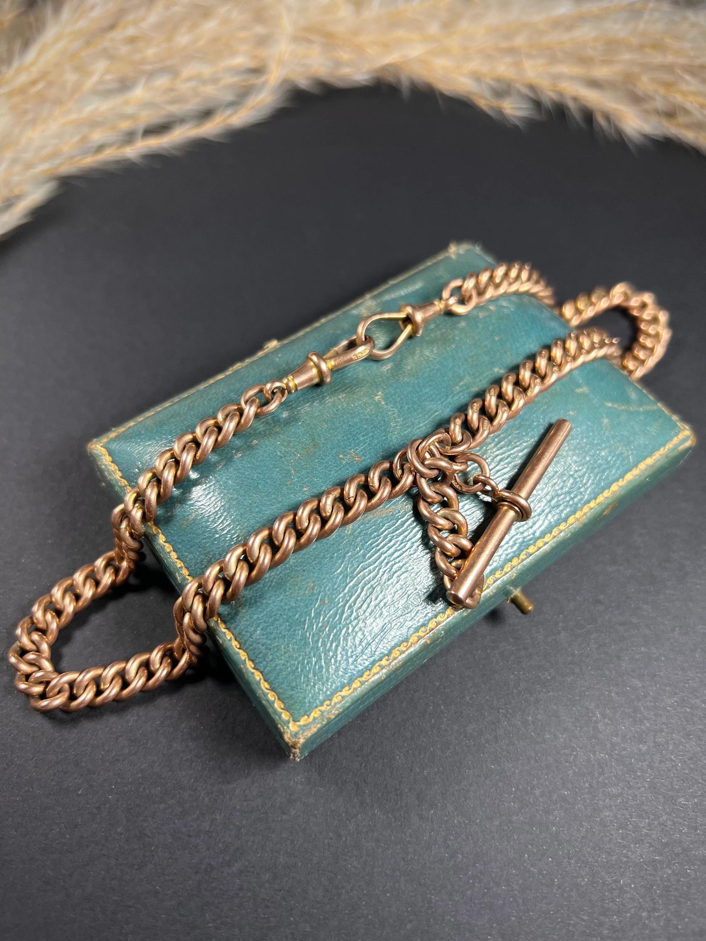 Victorien Antique 9ct Rose Gold Victorian Curb Link Albert Watch Chain Necklace en vente