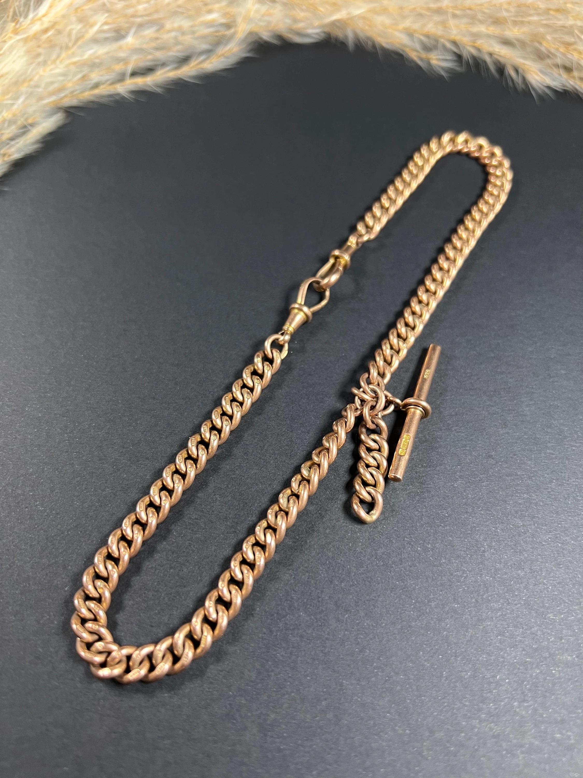 Antique 9ct Rose Gold Victorian Curb Link Albert Watch Chain Necklace Bon état - En vente à Brighton, GB