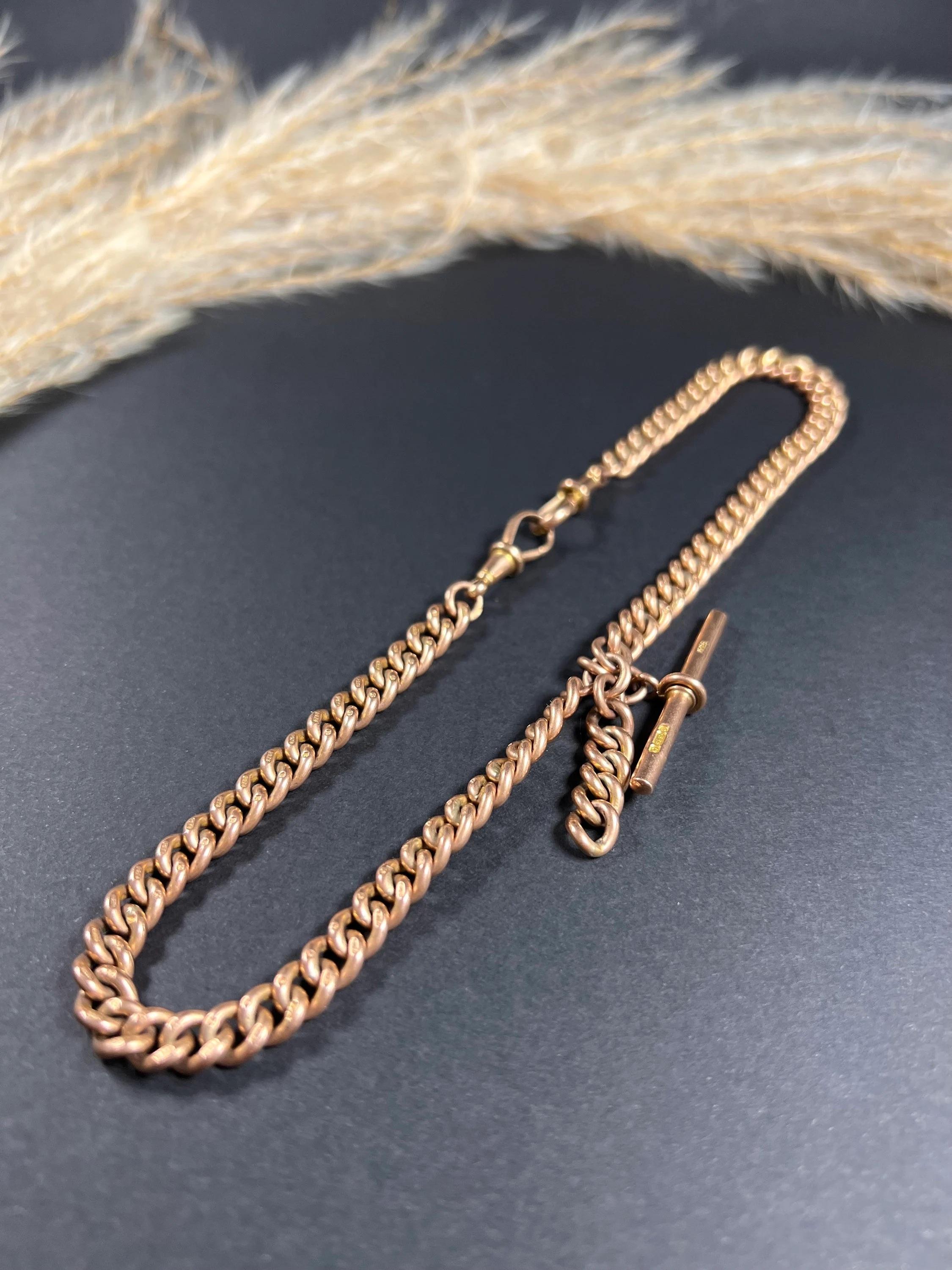 Antique 9ct Rose Gold Victorian Curb Link Albert Watch Chain Necklace Unisexe en vente