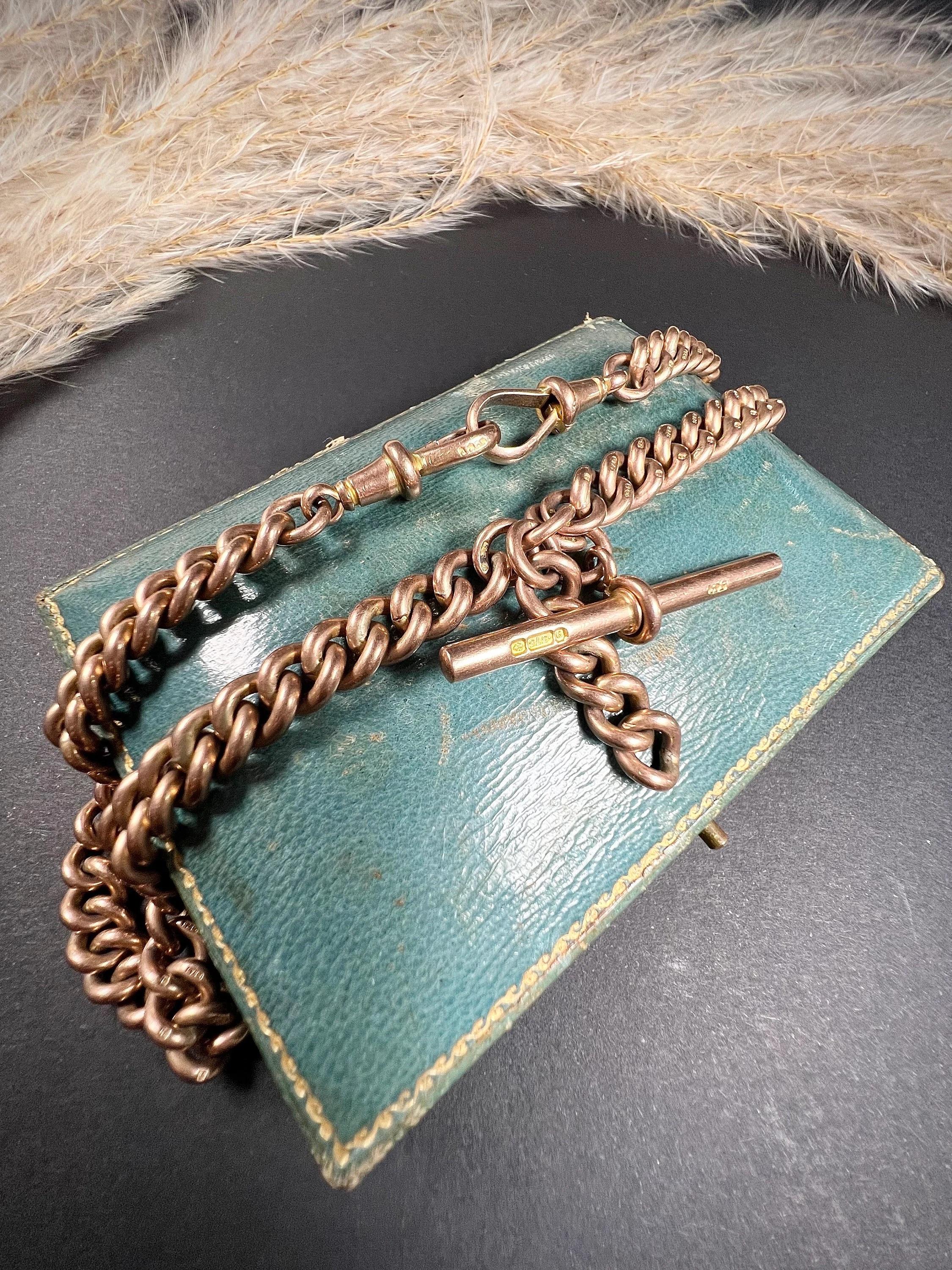 Antique 9ct Rose Gold Victorian Curb Link Albert Watch Chain Necklace en vente 1