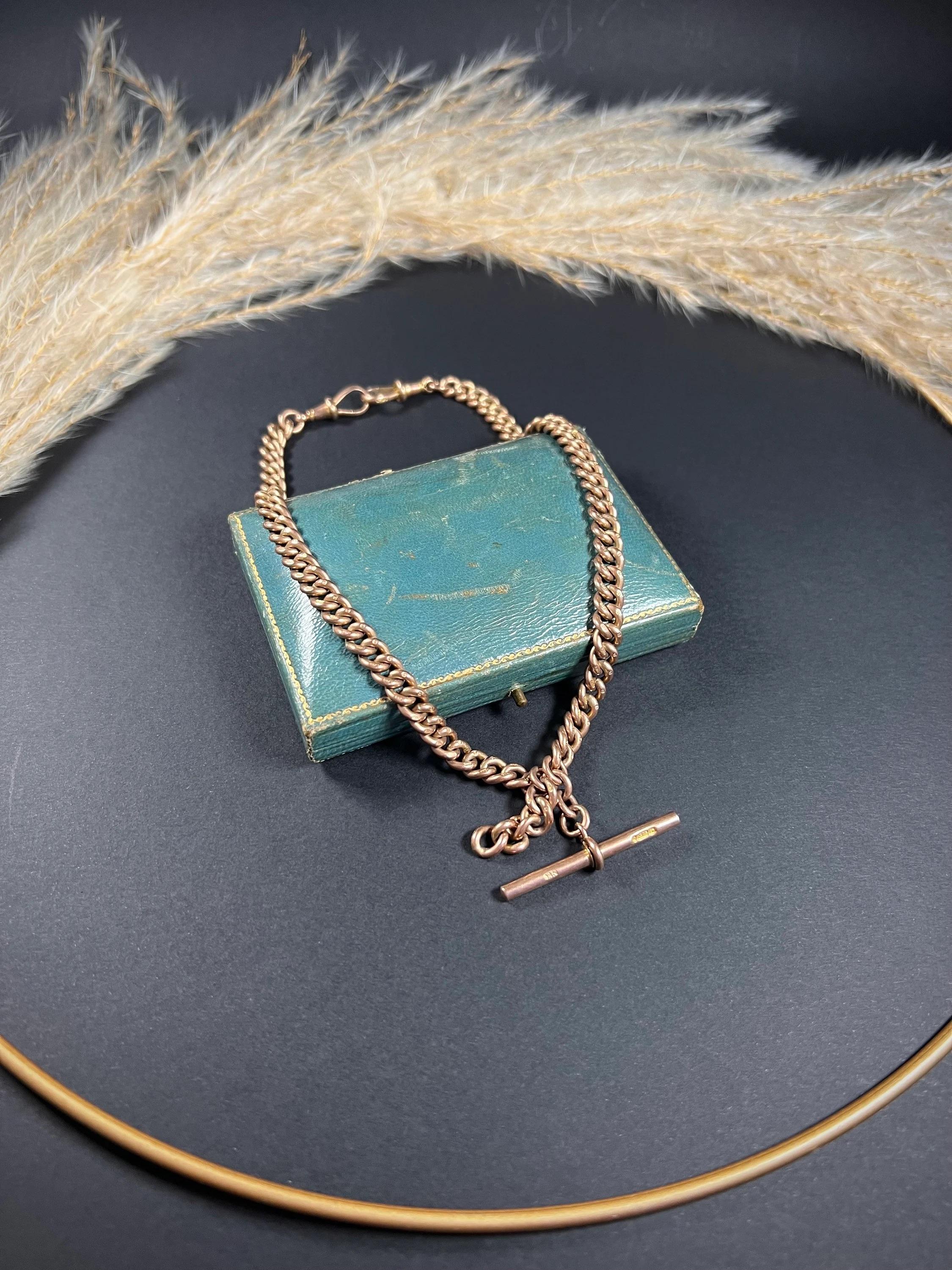 Antique 9ct Rose Gold Victorian Curb Link Albert Watch Chain Necklace en vente 2