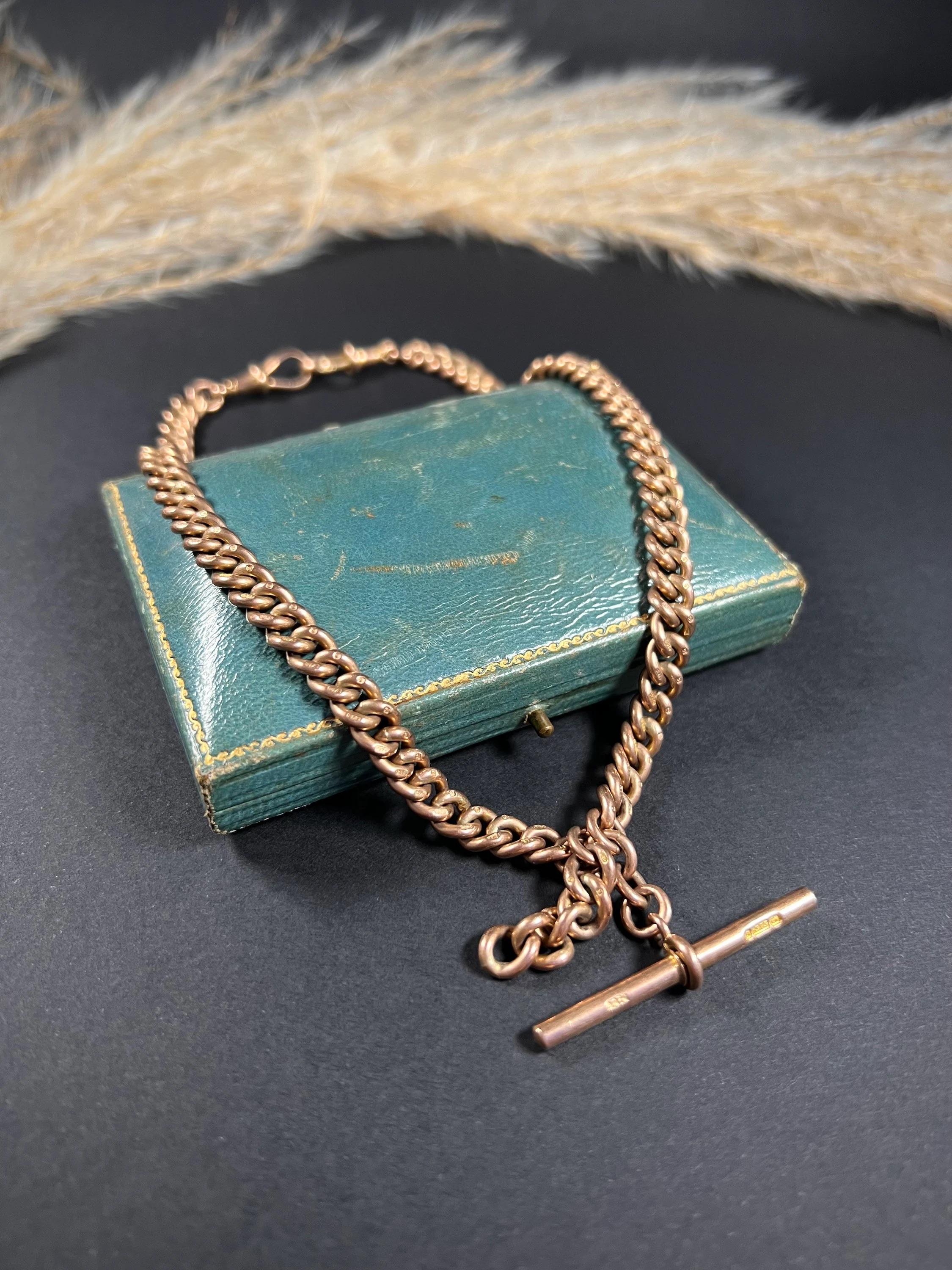 Antique 9ct Rose Gold Victorian Curb Link Albert Watch Chain Necklace en vente 3