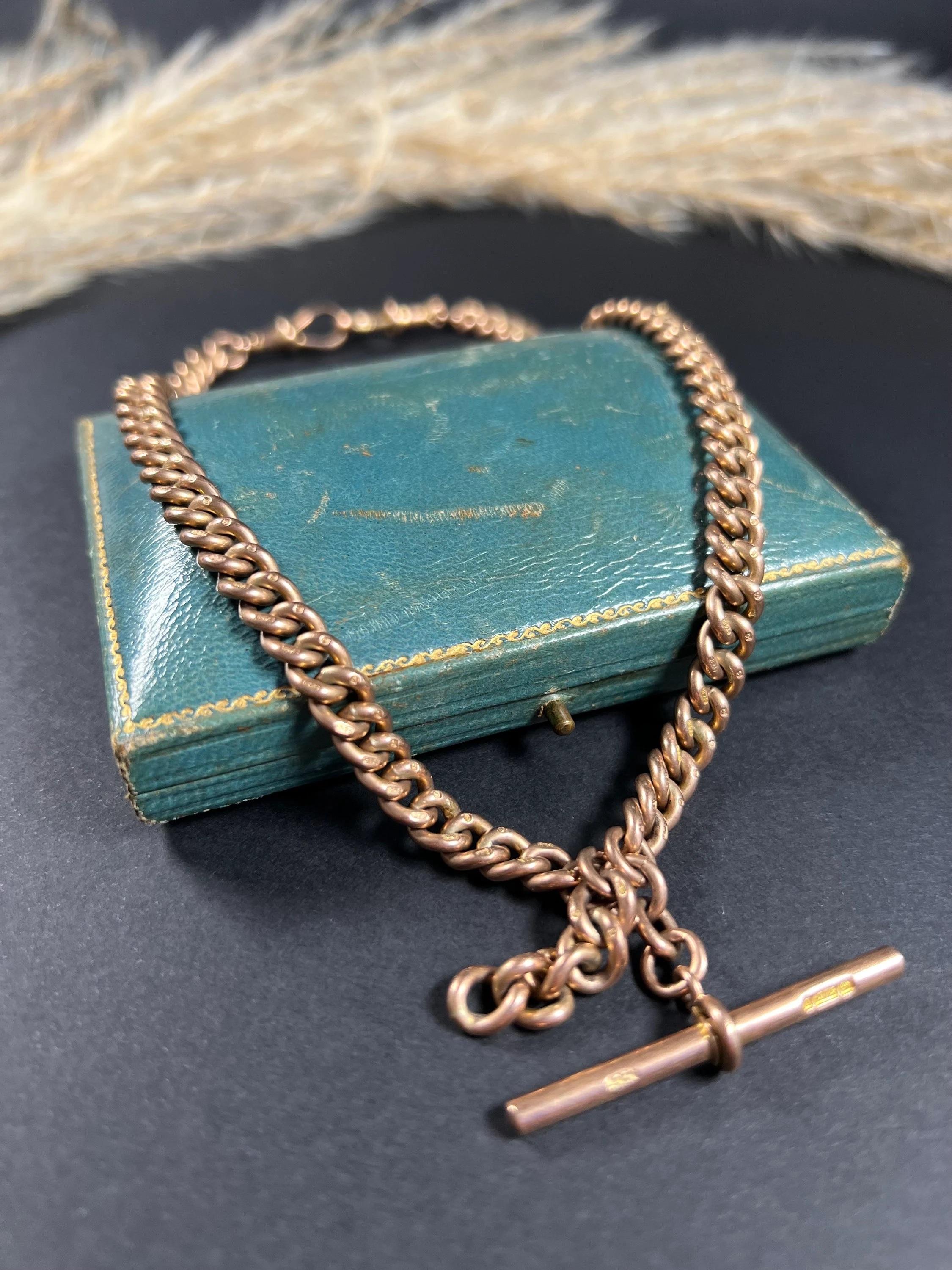 Antique 9ct Rose Gold Victorian Curb Link Albert Watch Chain Necklace en vente 4