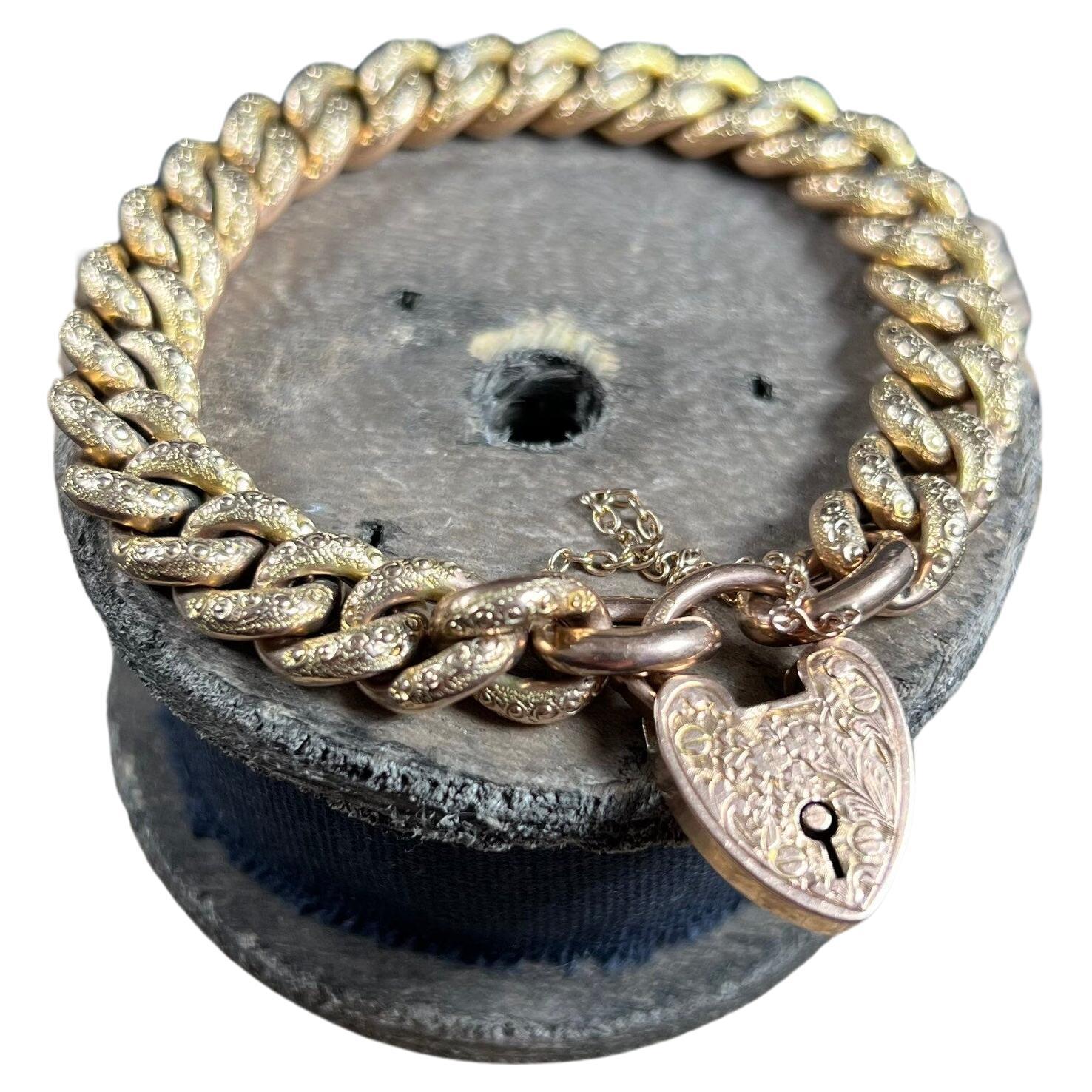 Antique 9ct Rose Gold Victorian Patterned Curb Bracelet with Heart Padlock For Sale