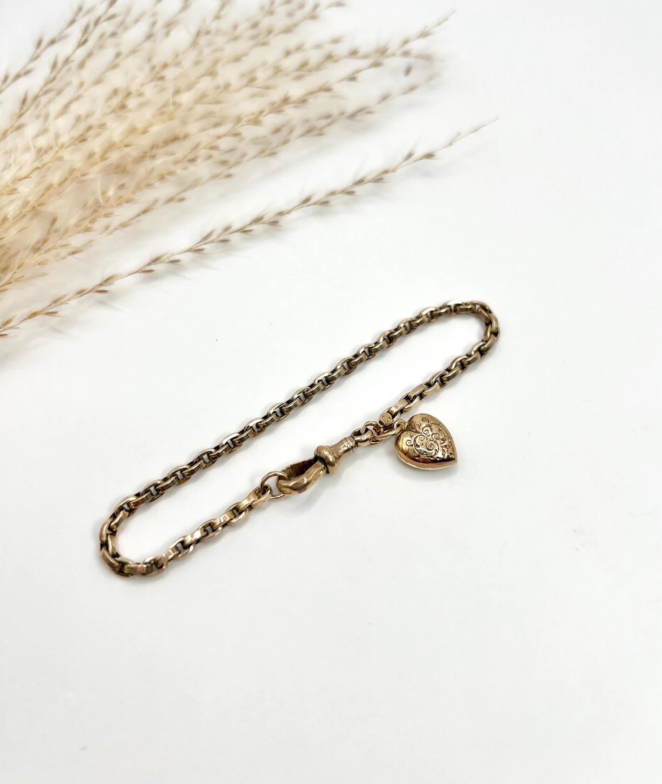Antique 9ct Rose Gold, Victorian Rolo Link Bracelet, Swivel Clasp & Heart Charm 6