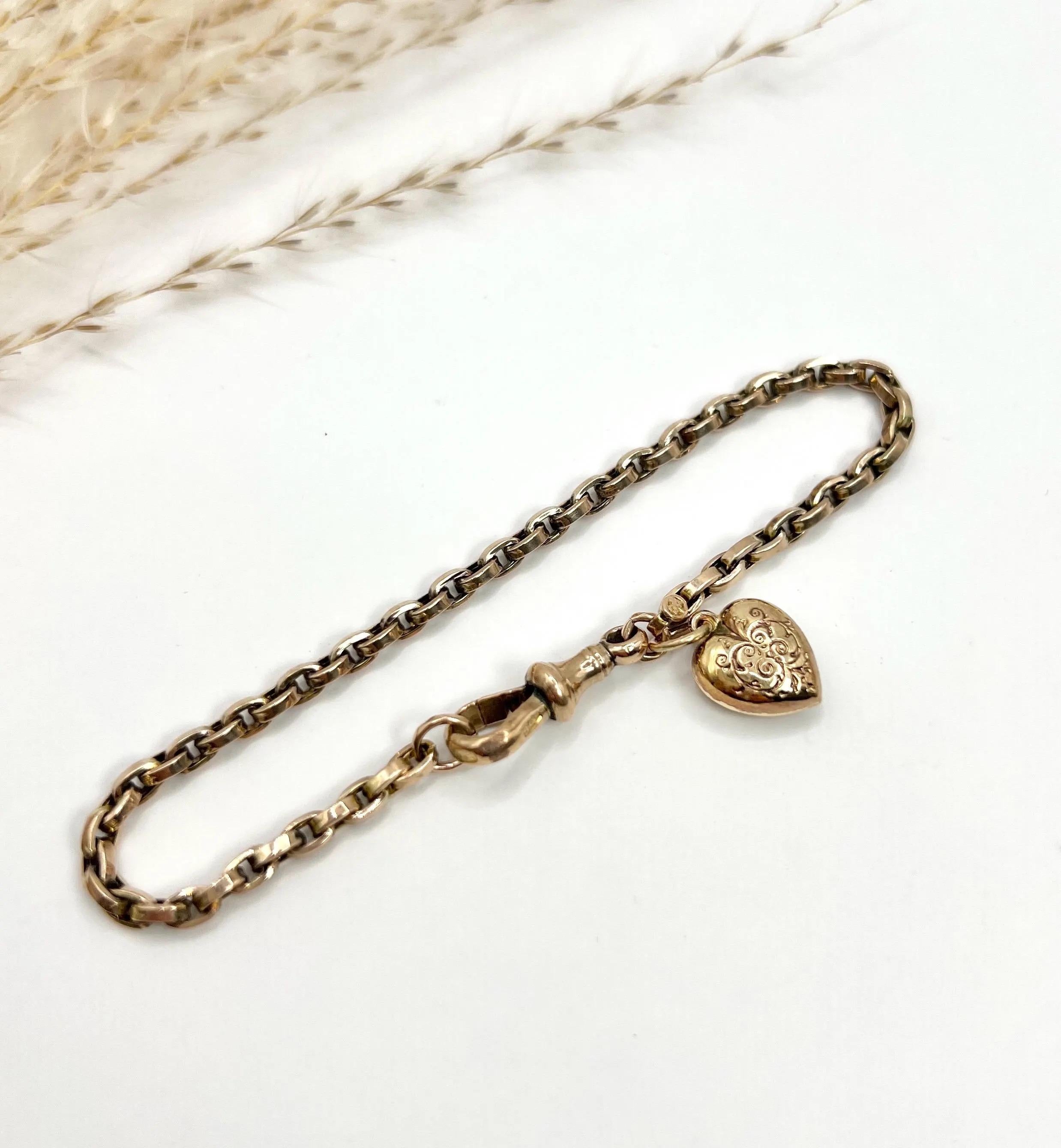 Antique 9ct Rose Gold, Victorian Rolo Link Bracelet, Swivel Clasp & Heart Charm 2