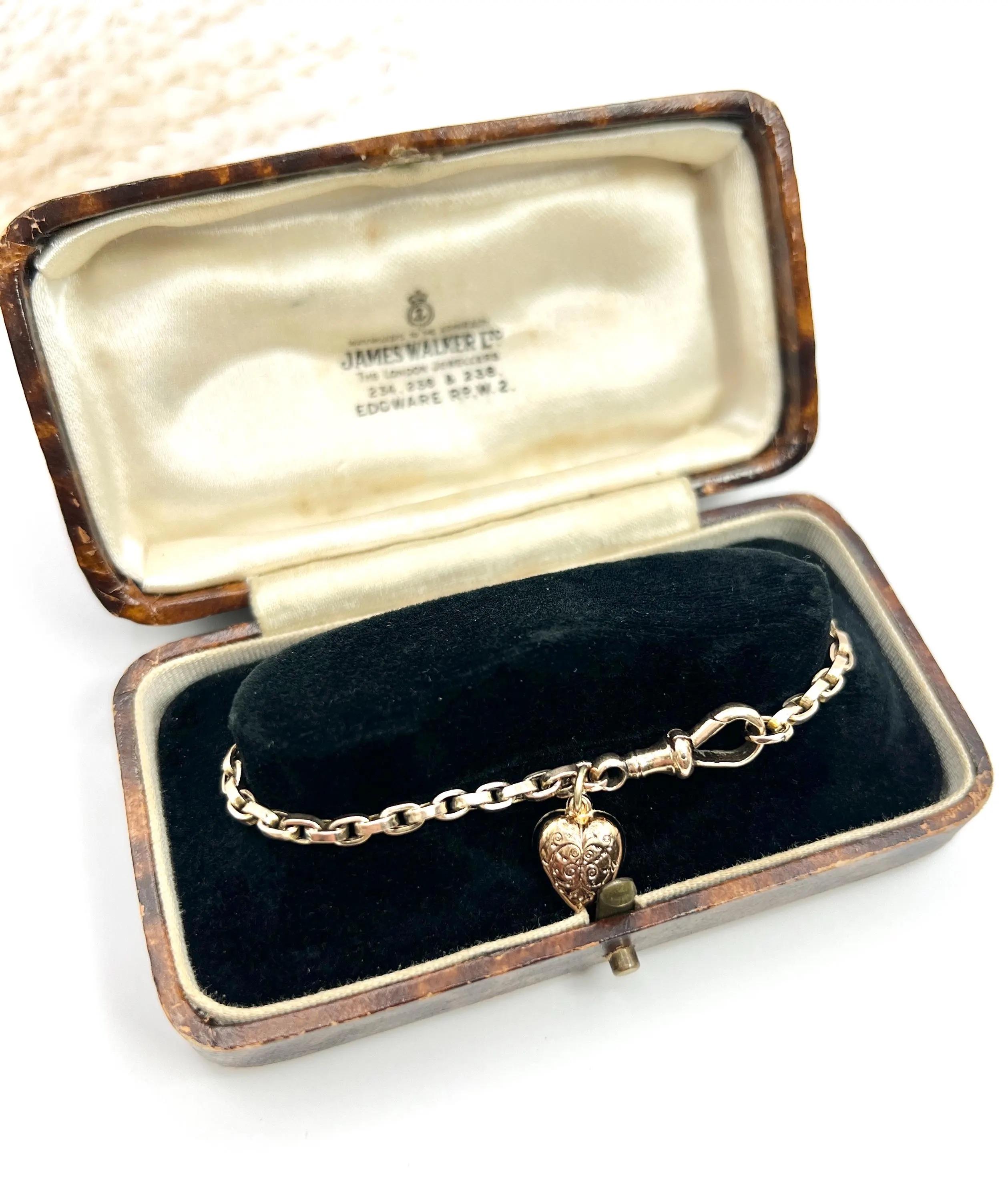 Antique 9ct Rose Gold, Victorian Rolo Link Bracelet, Swivel Clasp & Heart Charm 3