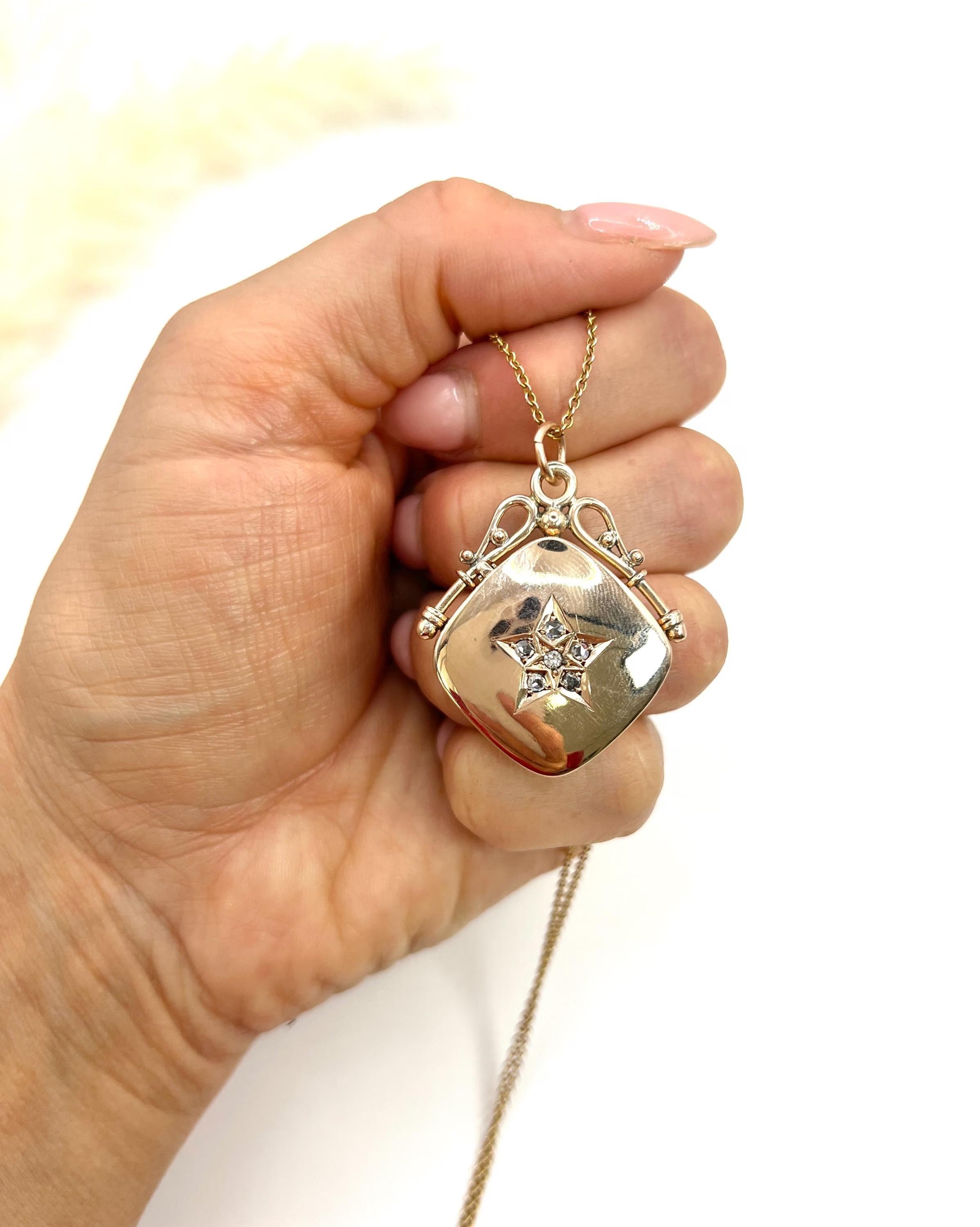 Antique 9ct Rose Gold, Victorian Rose Cut Diamond Star Set Square Locket For Sale 2