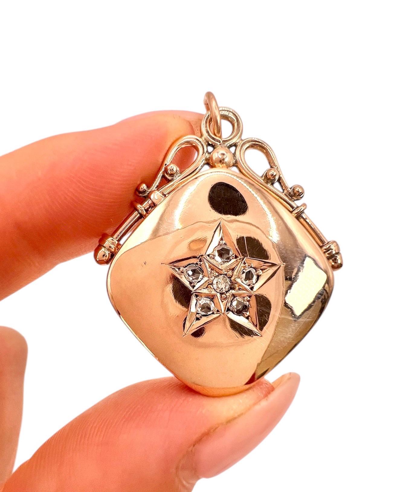Antique 9ct Rose Gold, Victorian Rose Cut Diamond Star Set Square Locket For Sale 3