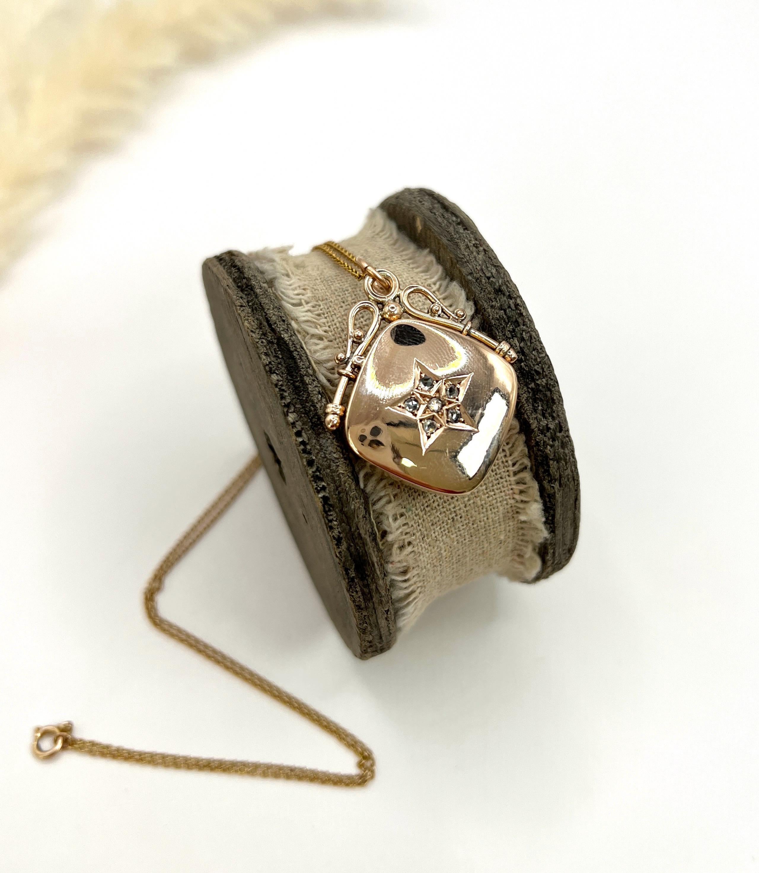 Antique 9ct Rose Gold, Victorian Rose Cut Diamond Star Set Square Locket For Sale 5