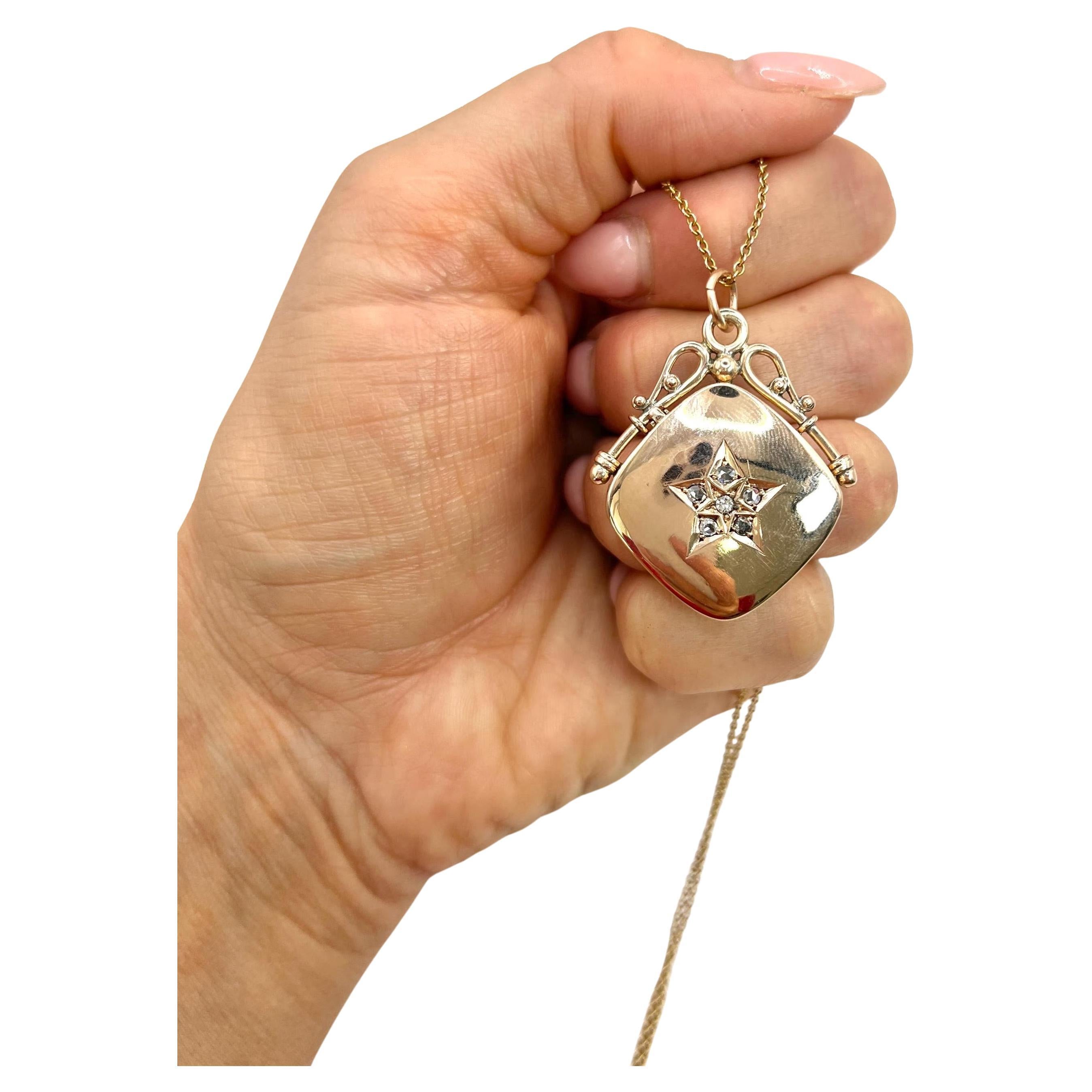 Antique 9ct Rose Gold, Victorian Rose Cut Diamond Star Set Square Locket For Sale