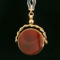 Antique 9ct Solid Rosy Yellow Gold 20mm Round Agate Cable Top Flip Fob Pendant