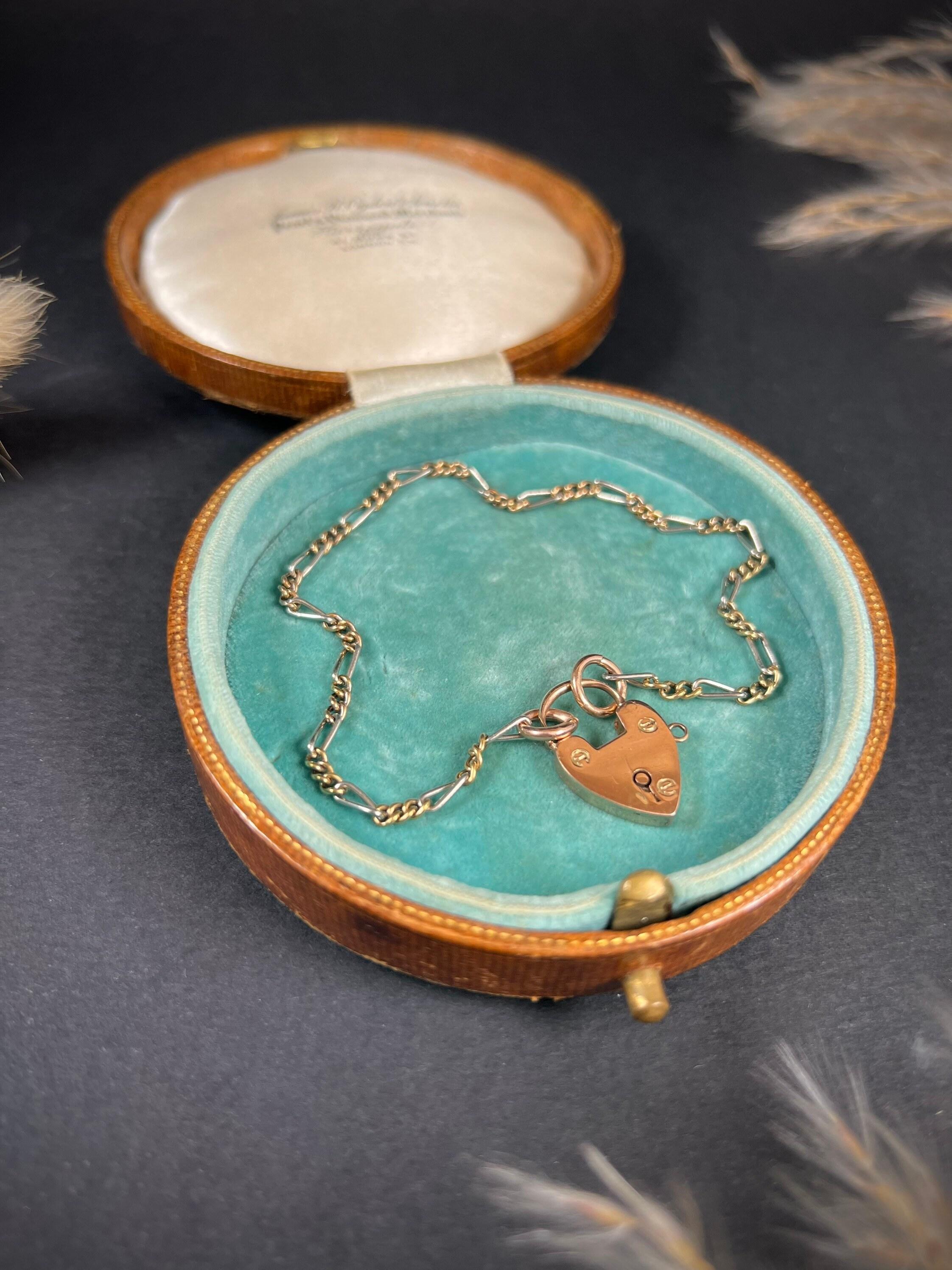 Antike 9ct drei Farbe Gold Edwardian Herz Vorhängeschloss Figaro Link-Armband im Angebot 4