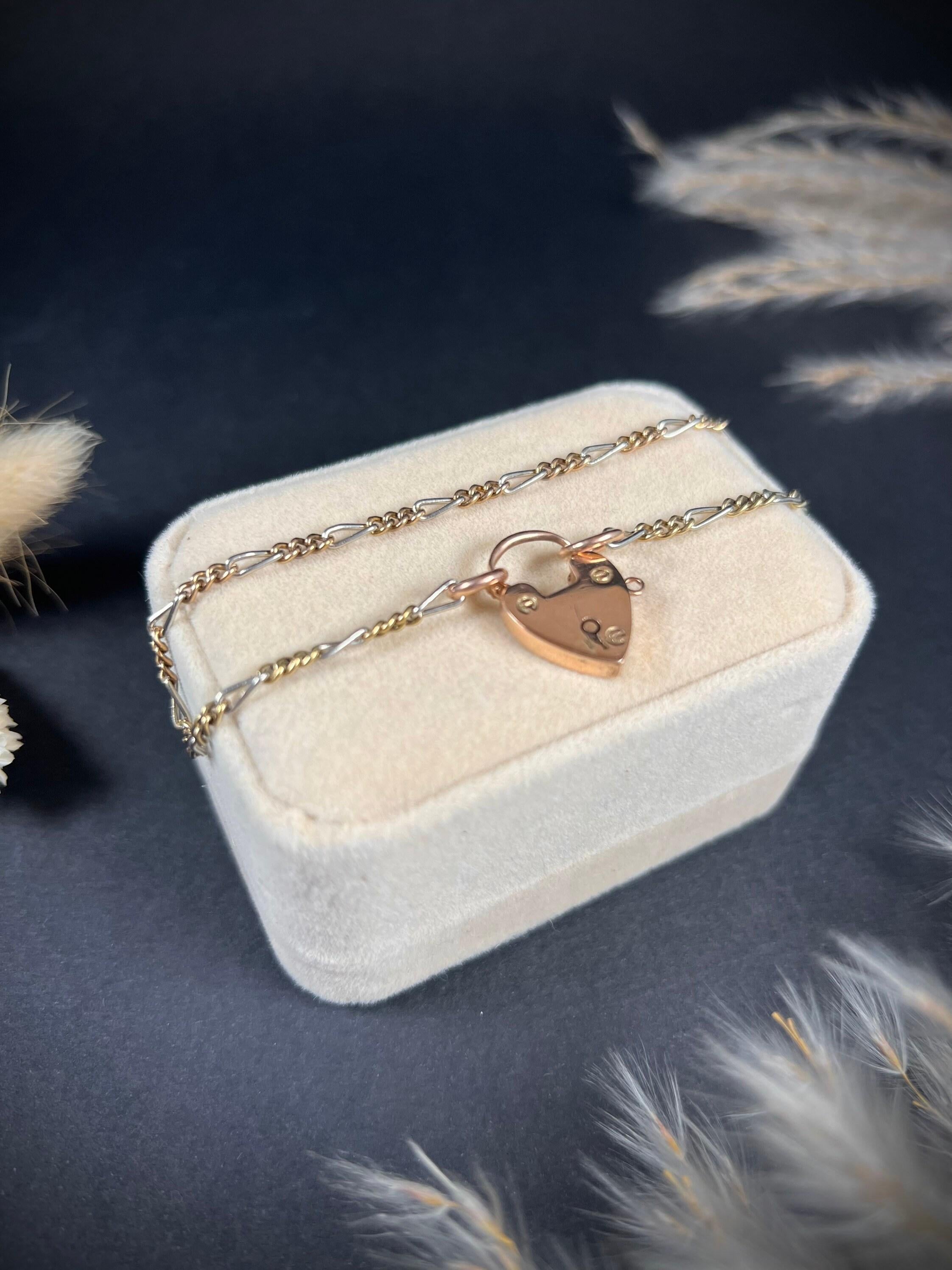 Antike 9ct drei Farbe Gold Edwardian Herz Vorhängeschloss Figaro Link-Armband im Angebot 5
