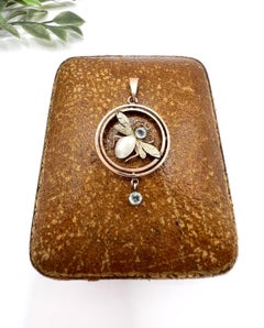 Antique 9ct Two Colour Gold, Edwardian Aquamarine & Pearl Fly Pendant