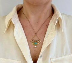 Antique 9ct Yellow Gold, Art Nouveau Turquoise and Pearl Necklace