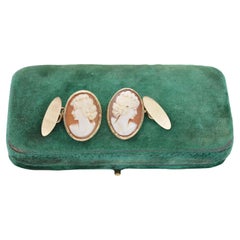 Antique 9ct Yellow Gold Cufflinks Victorian Pink Shell Cameo Lady in Waiting