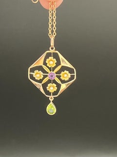 Antique 9ct Yellow Gold, Edwardian Amethyst, Pearl & Peridot Suffragette Pendent