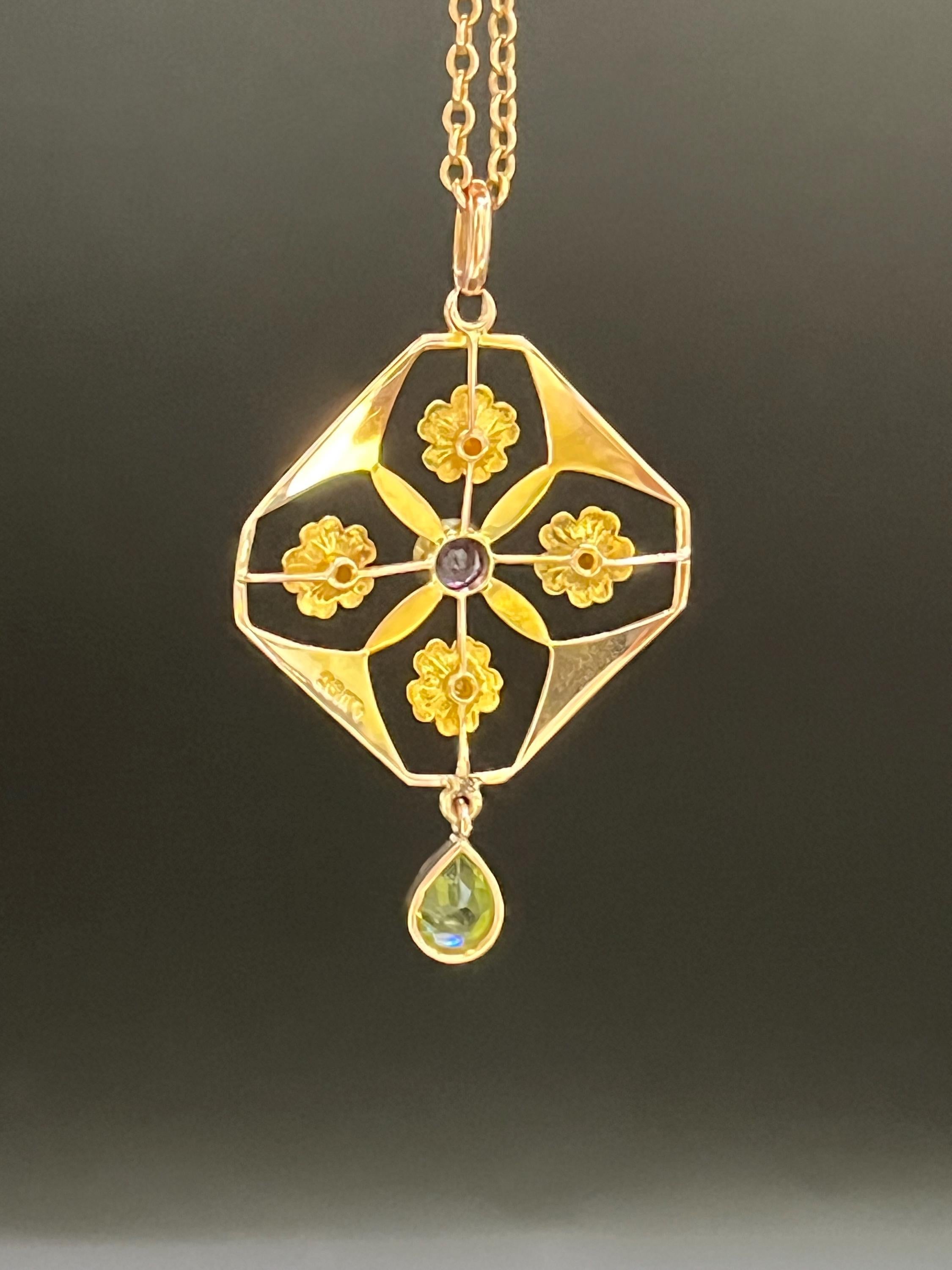 Round Cut Antique 9ct Yellow Gold, Edwardian Amethyst, Pearl & Peridot Suffragette Pendent For Sale