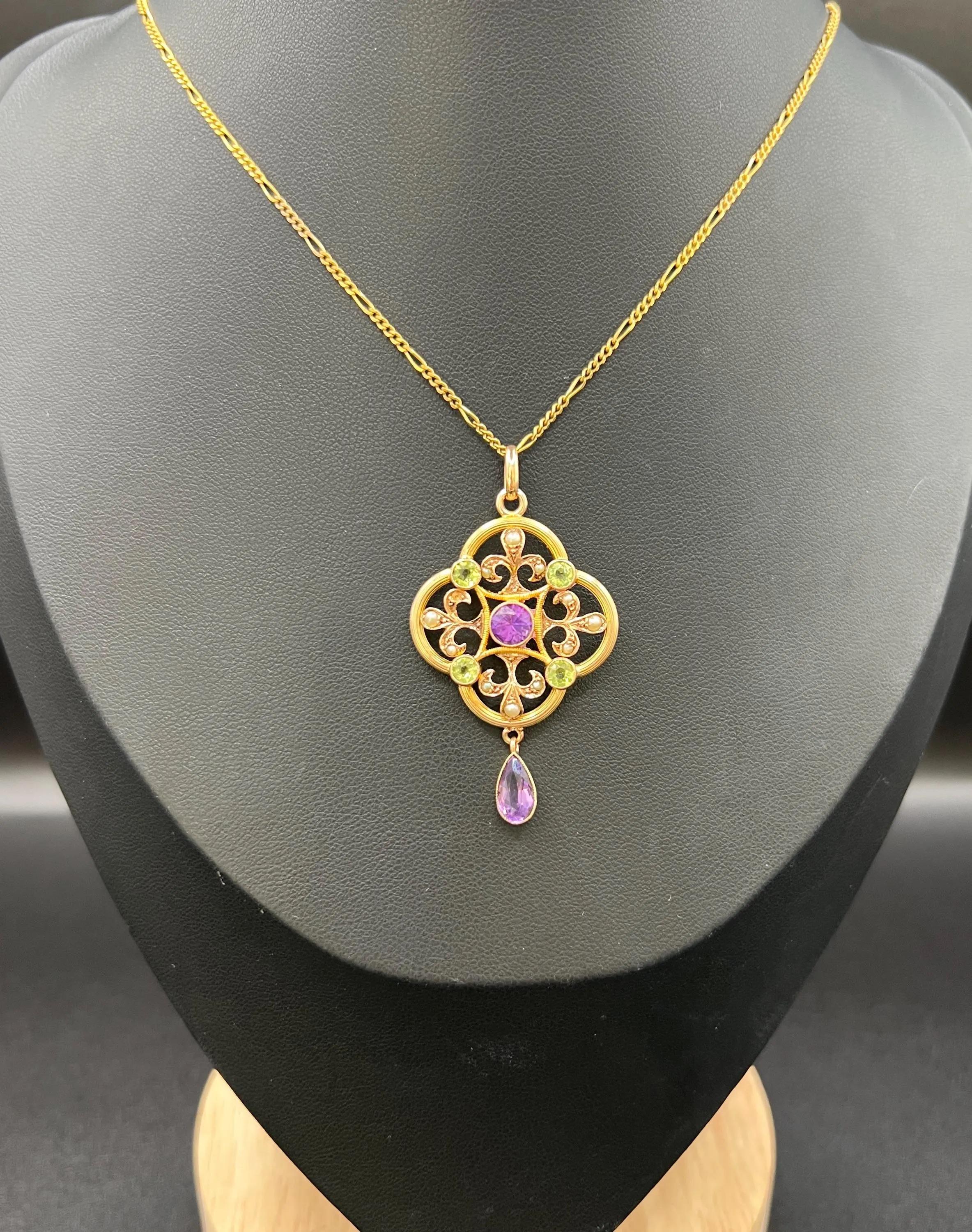 Women's or Men's Antique 9ct Yellow Gold, Edwardian Amethyst, Pearl & Peridot Suffragette Pendent For Sale