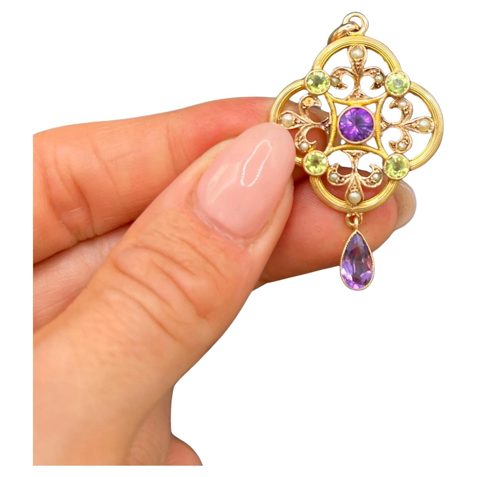 Antique 9ct Yellow Gold, Edwardian Amethyst, Pearl & Peridot Suffragette Pendent For Sale