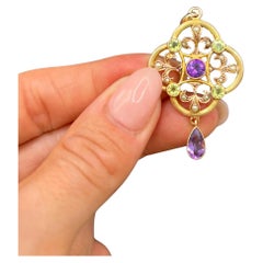 Antique 9ct Yellow Gold, Edwardian Amethyst, Pearl & Peridot Suffragette Pendent