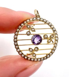 Antique 9ct Yellow Gold, Edwardian Amethyst & Seed Pearl Circular Pendant