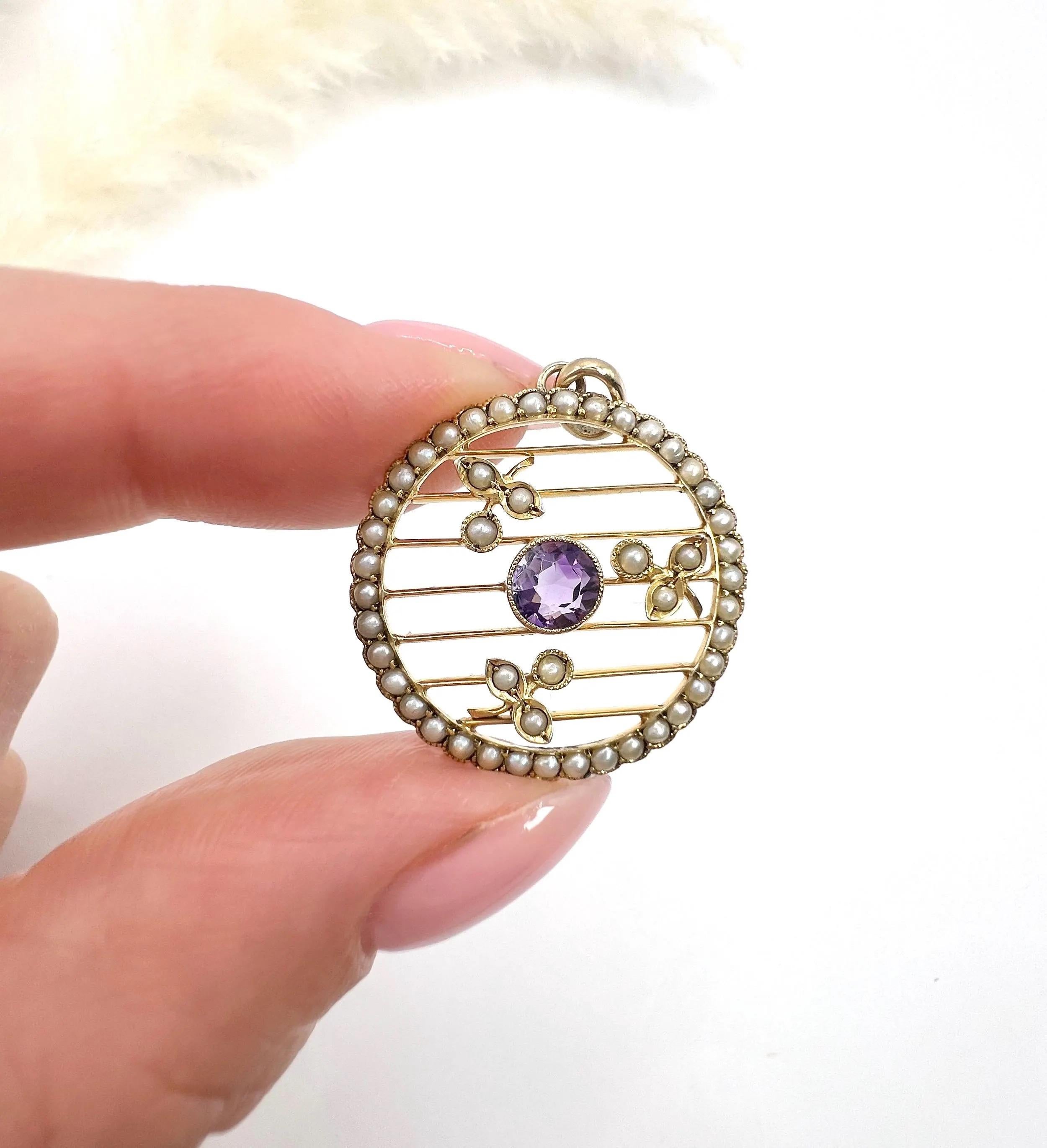 Édouardien Pendentif circulaire ancien en or jaune 9 carats, améthyste édouardienne et perles de rocaille en vente