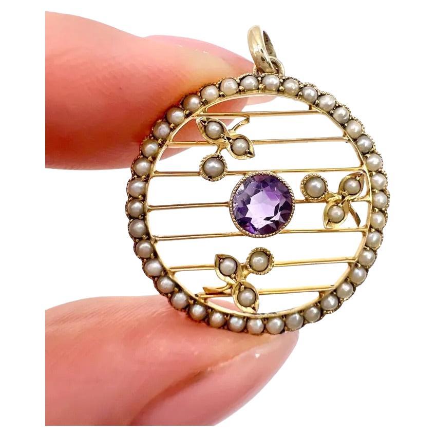 Antique 9ct Yellow Gold, Edwardian Amethyst & Seed Pearl Circular Pendant