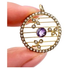Antique 9ct Yellow Gold, Edwardian Amethyst & Seed Pearl Circular Pendant