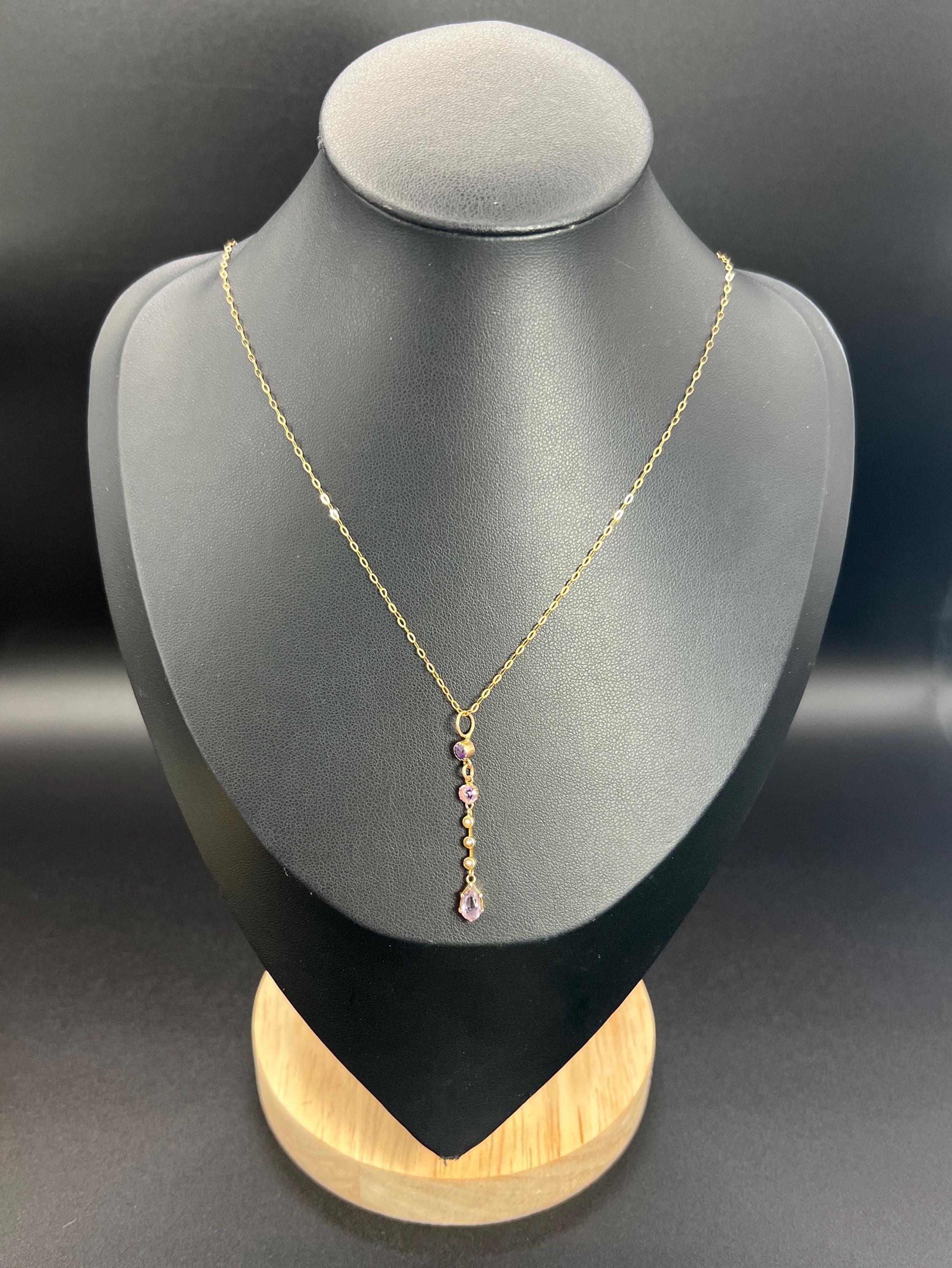 Women's or Men's Antique 9ct Yellow Gold, Edwardian Amethyst & Seed Pearl Long Pendant Necklace For Sale