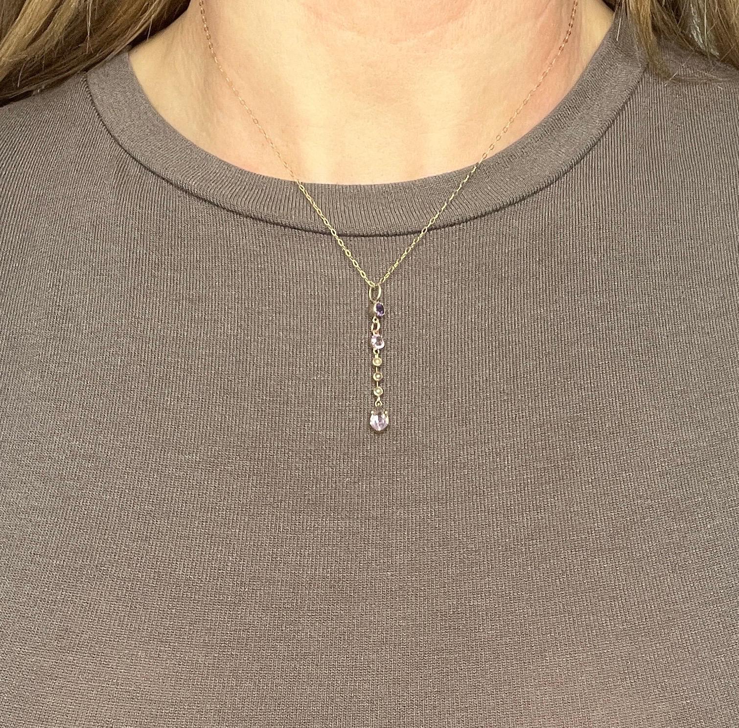 Antique 9ct Yellow Gold, Edwardian Amethyst & Seed Pearl Long Pendant Necklace For Sale 4