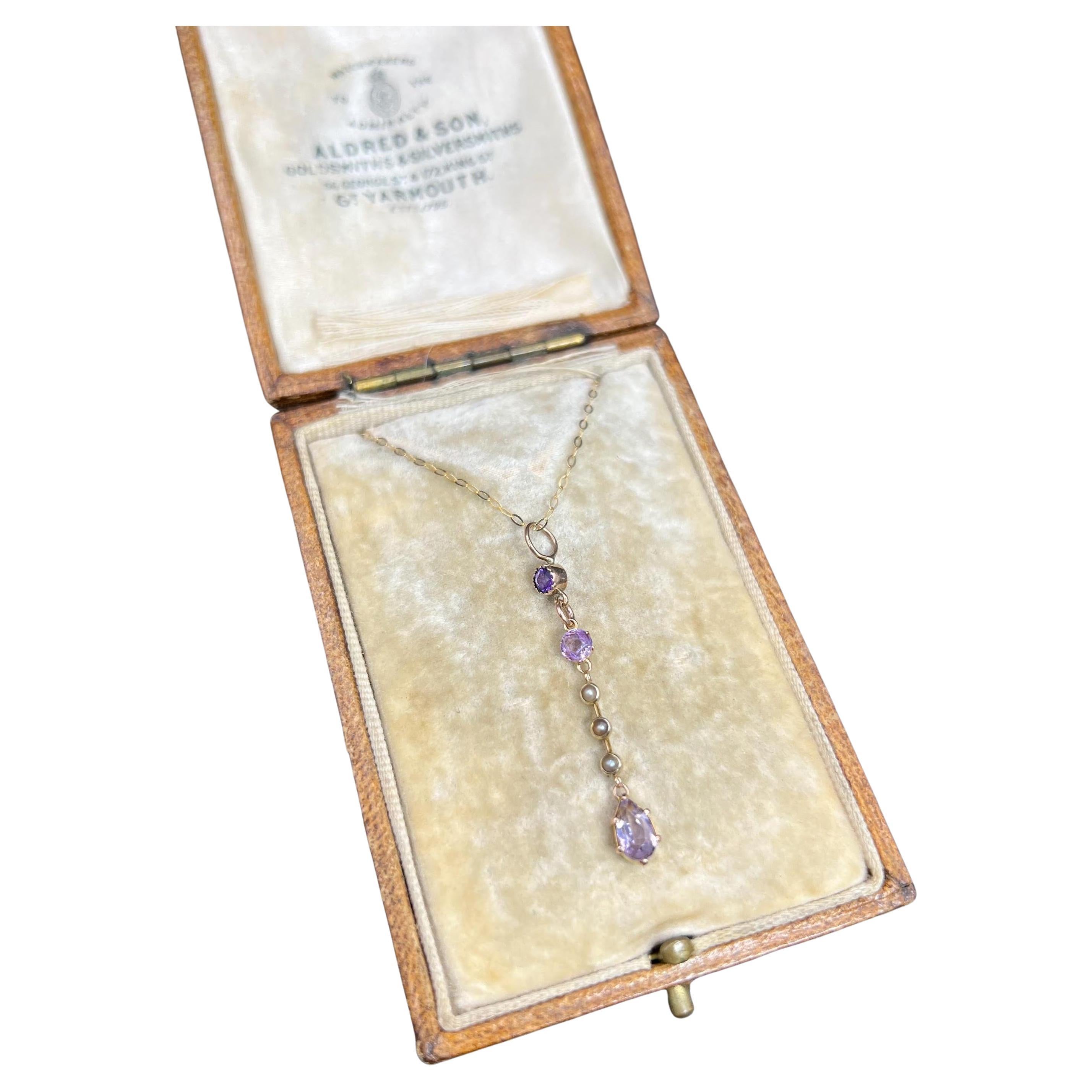 Antique 9ct Yellow Gold, Edwardian Amethyst & Seed Pearl Long Pendant Necklace