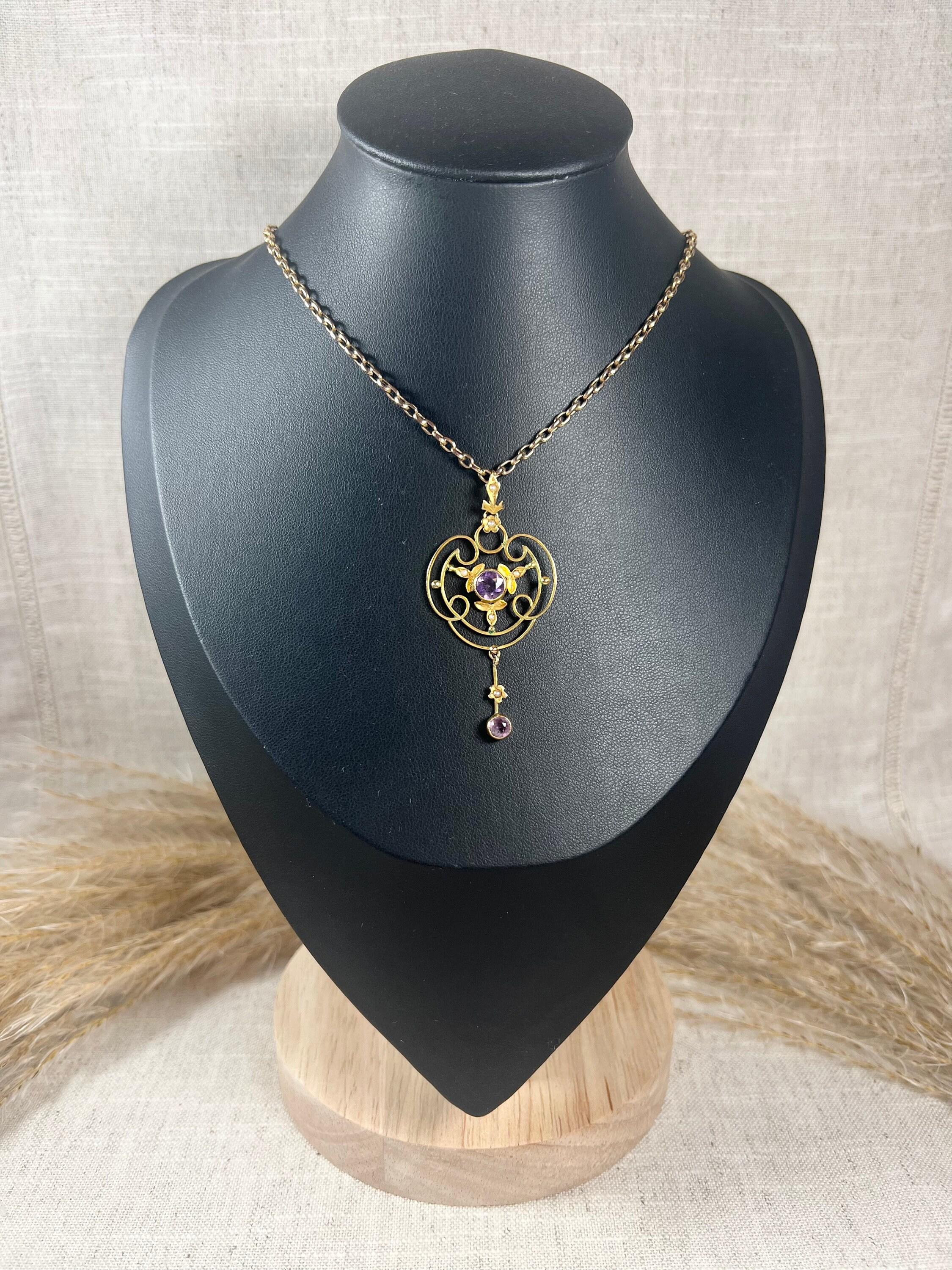 Round Cut Antique 9ct Yellow Gold Edwardian Amethyst & Seed Pearl Pendant For Sale