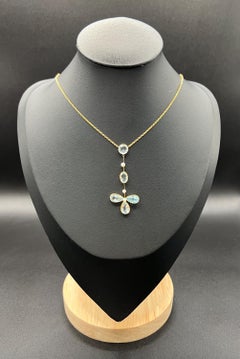 Antique 9ct Yellow Gold, Edwardian Aquamarine & Pearl Floral Pendulum Pendant