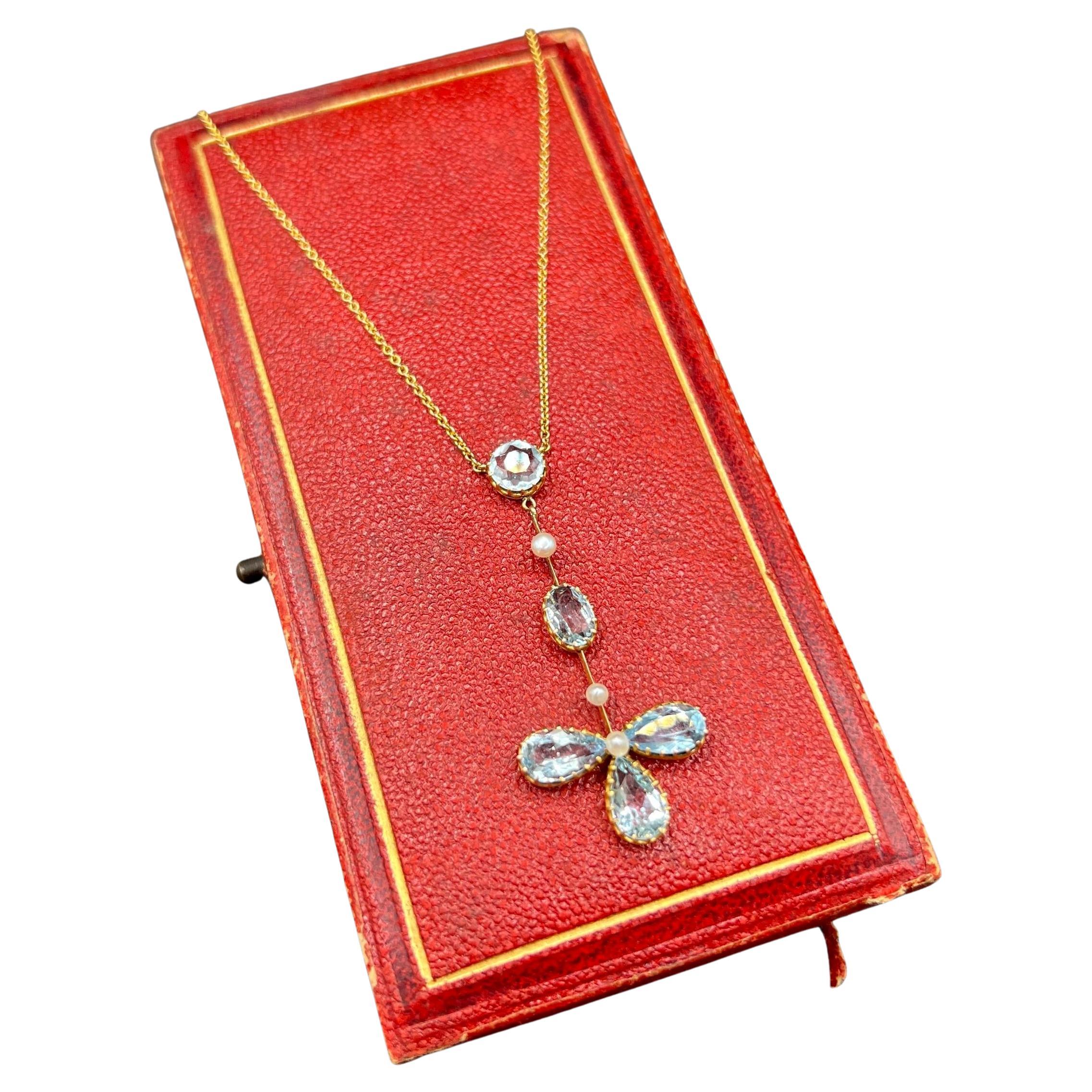 Antico ciondolo a pendolo floreale in oro giallo 9ct, acquamarina e perla di epoca edoardiana in vendita