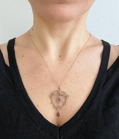 Antique 9ct Yellow Gold Edwardian Garnet Seed Pearl & Amethyst Pendant and Chain
