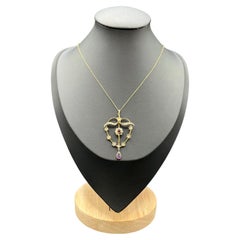 Antique 9ct Yellow Gold Edwardian Garnet Seed Pearl & Amethyst Pendant and Chain
