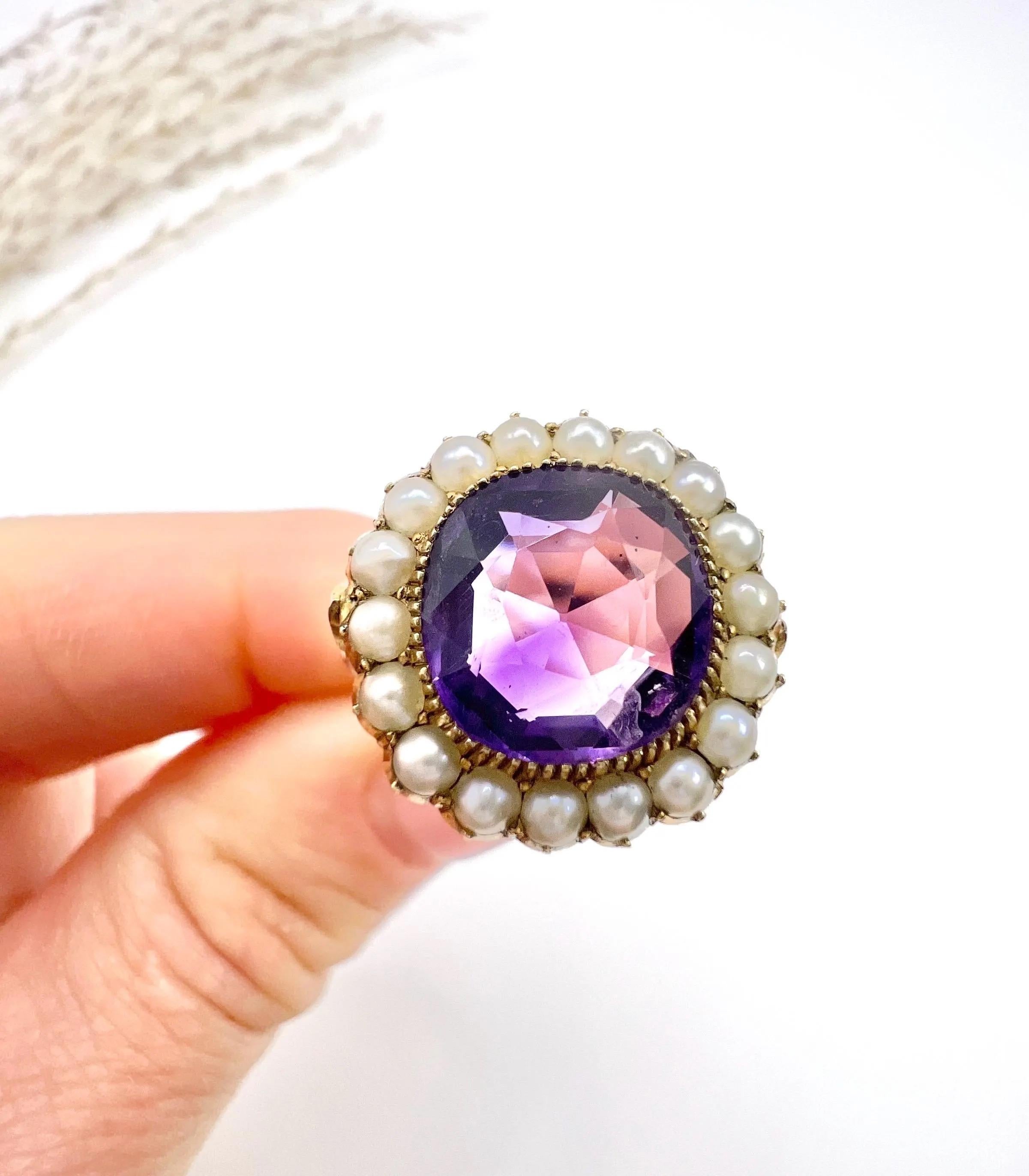 Round Cut Antique 9ct Yellow Gold, Edwardian Round Amethyst & Seed Pearl Cluster Ring For Sale