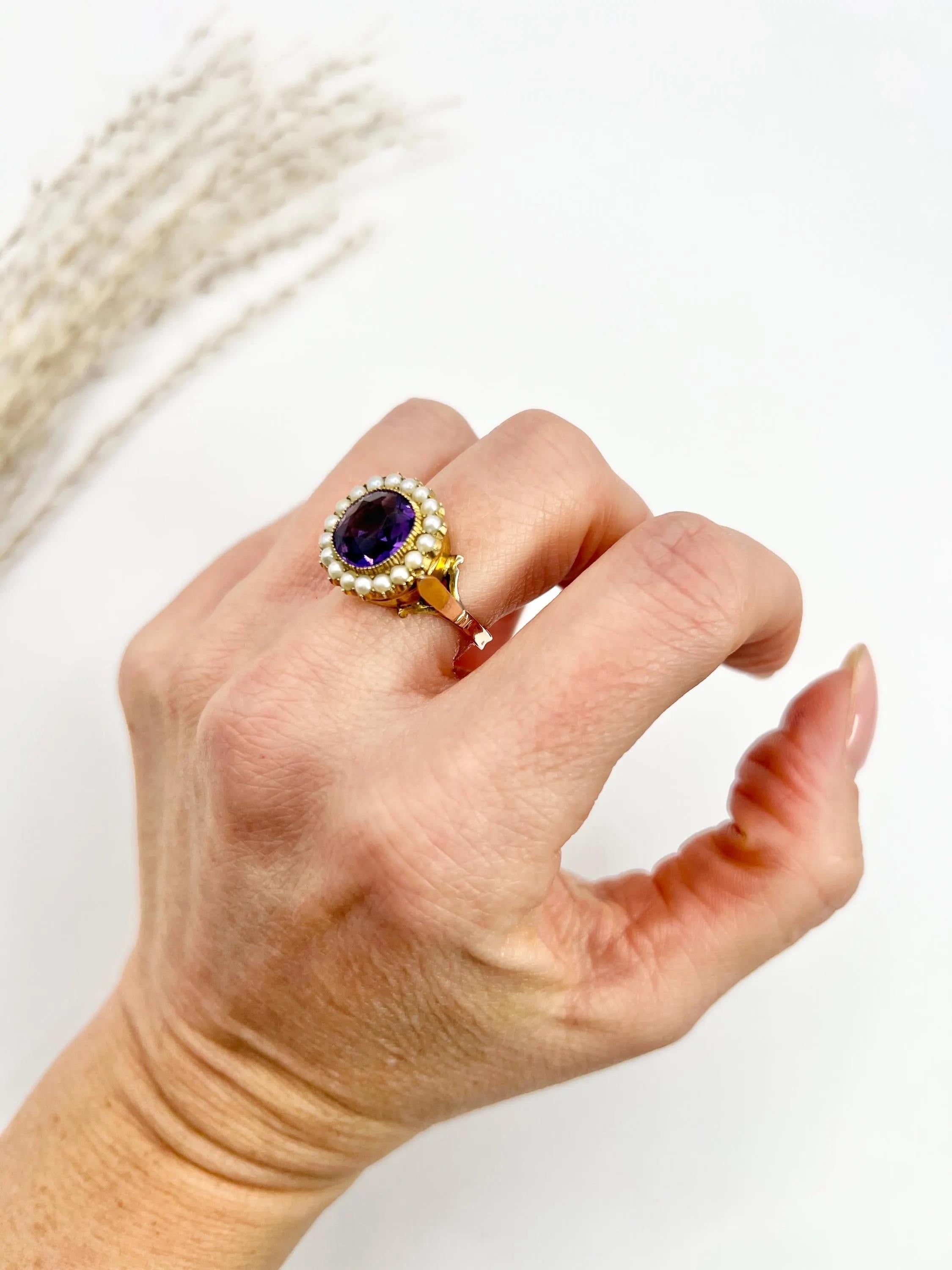 Antique 9ct Yellow Gold, Edwardian Round Amethyst & Seed Pearl Cluster Ring For Sale 4