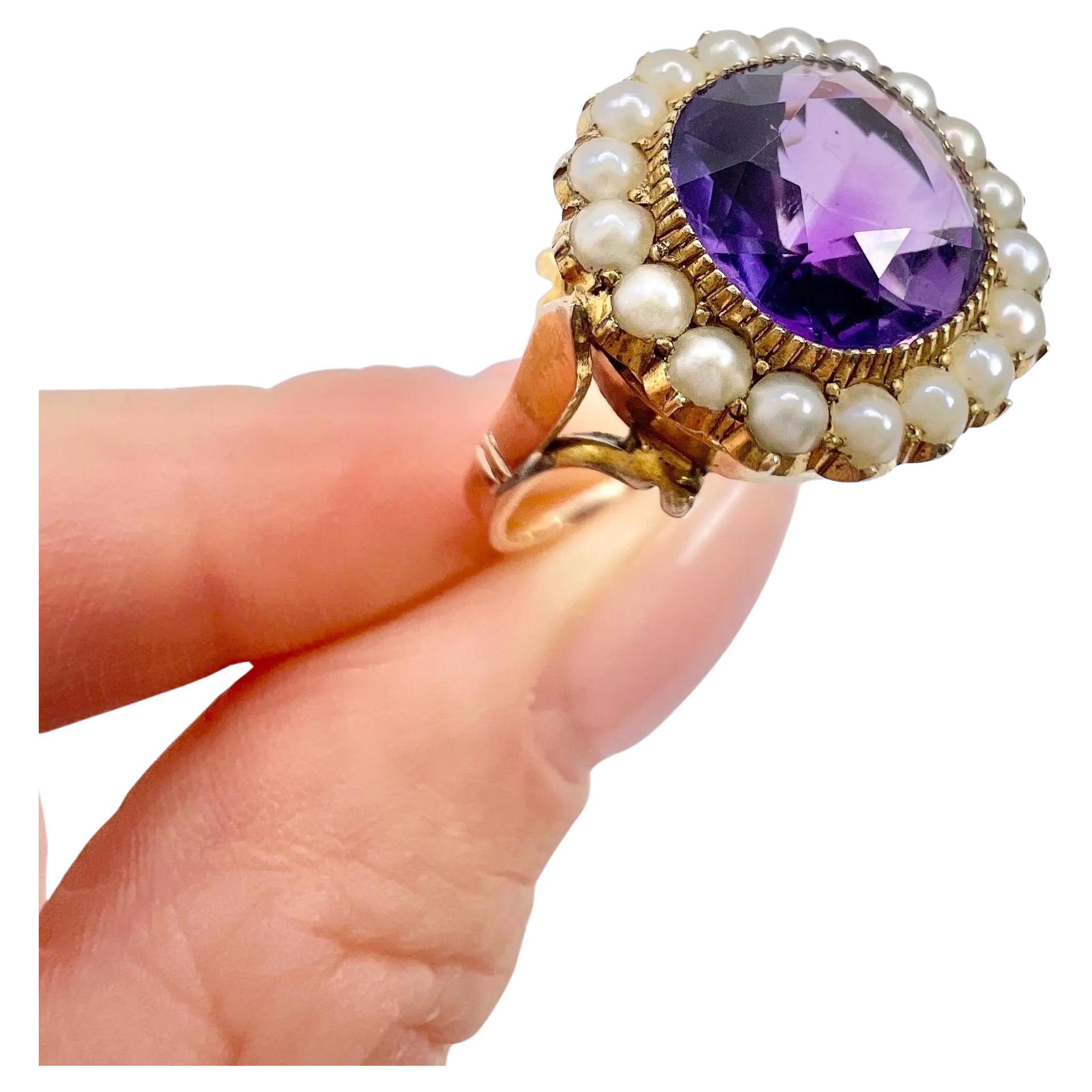Antique 9ct Yellow Gold, Edwardian Round Amethyst & Seed Pearl Cluster Ring