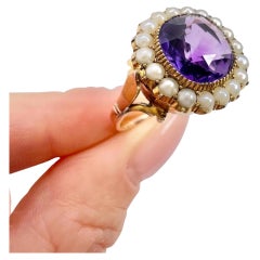 Antiker 9 Karat Gelbgold, edwardianischer runder Amethyst & Saatperlen-Cluster-Ring