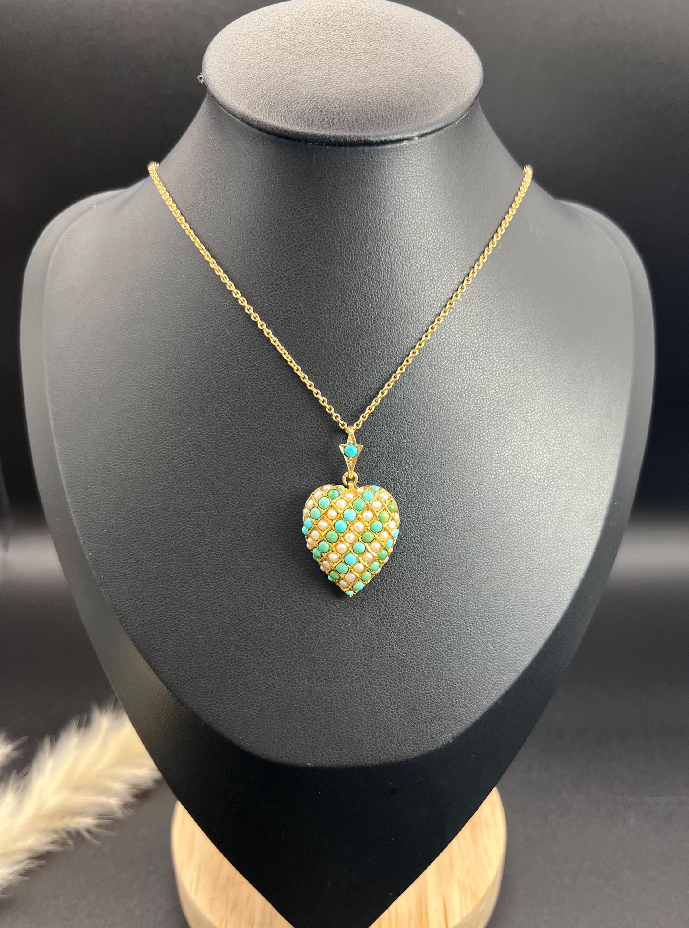 Women's or Men's Antique 9ct Yellow Gold, Edwardian Turquoise & Seed Pearl Heart Locket Pendant