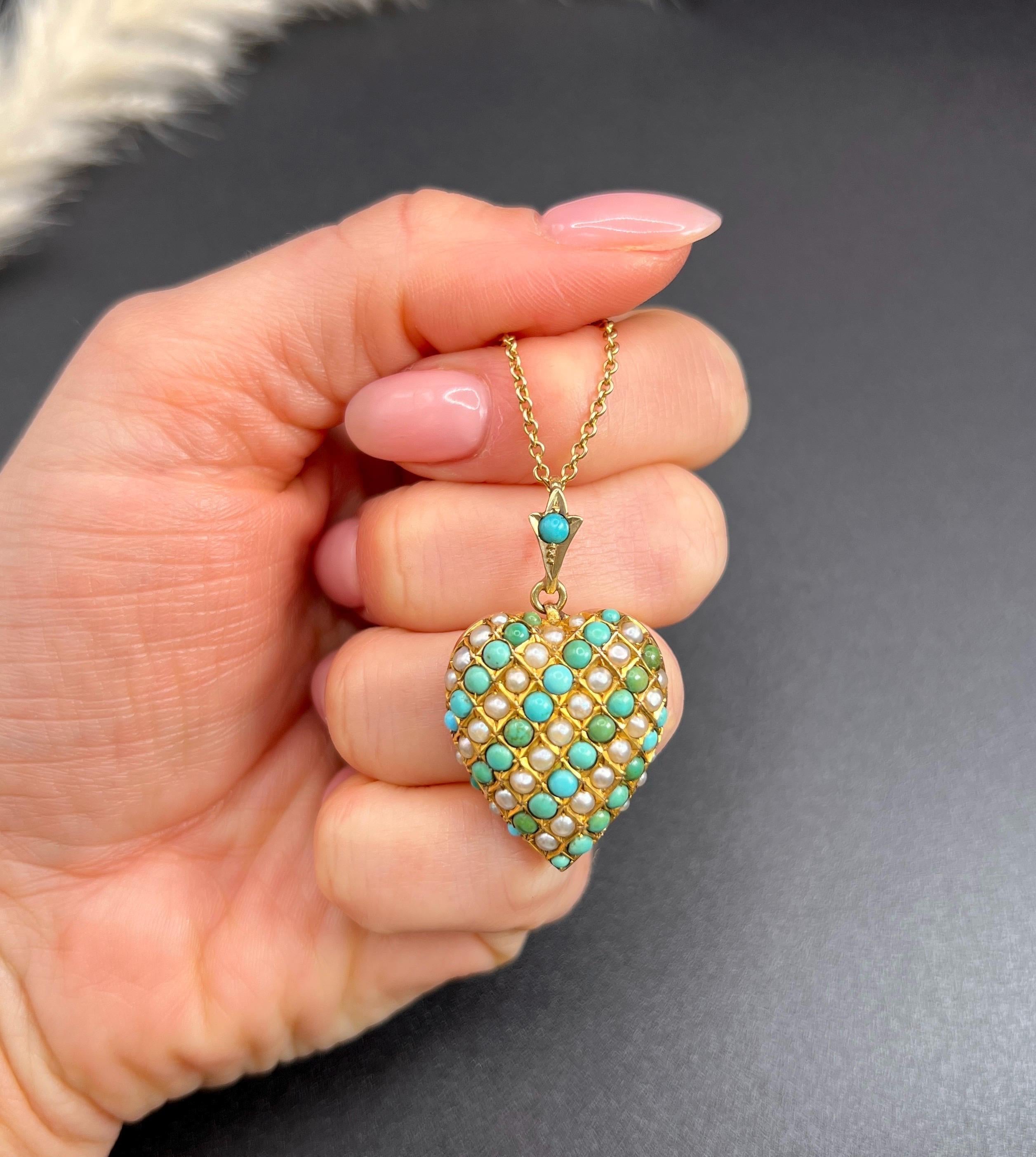 Antique 9ct Yellow Gold, Edwardian Turquoise & Seed Pearl Heart Locket Pendant 1