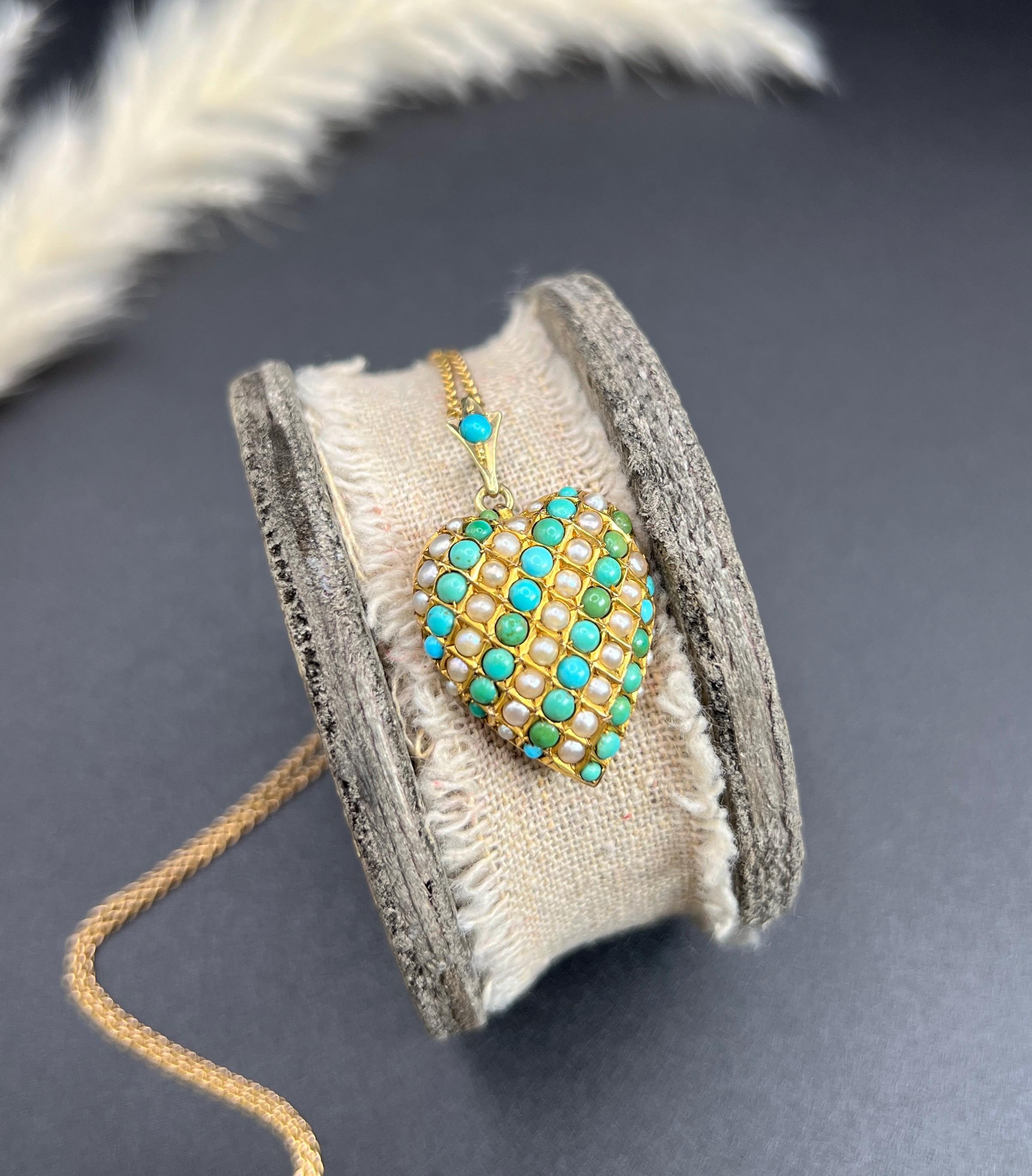 Antique 9ct Yellow Gold, Edwardian Turquoise & Seed Pearl Heart Locket Pendant 2